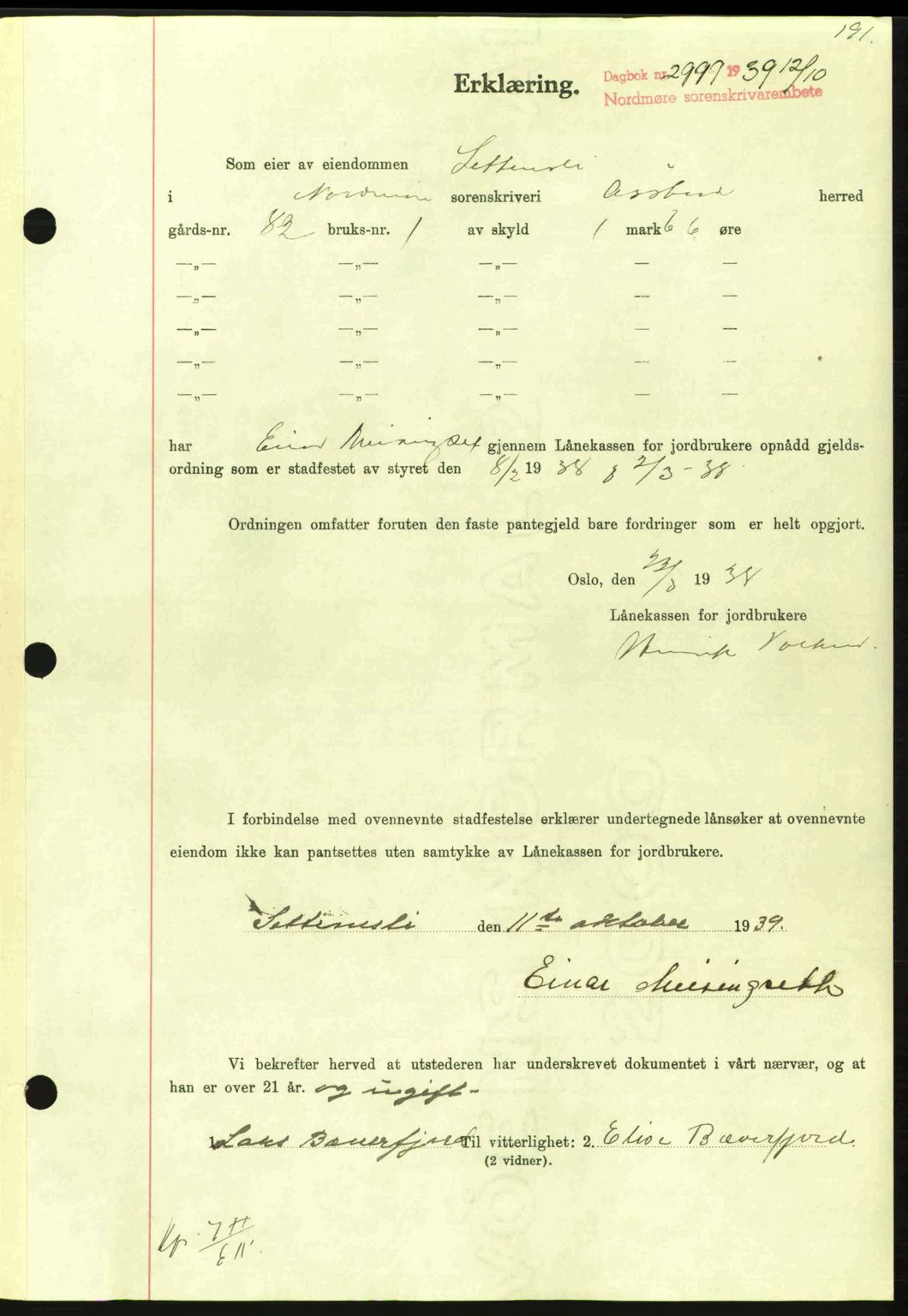 Nordmøre sorenskriveri, AV/SAT-A-4132/1/2/2Ca: Mortgage book no. B86, 1939-1940, Diary no: : 2999/1939