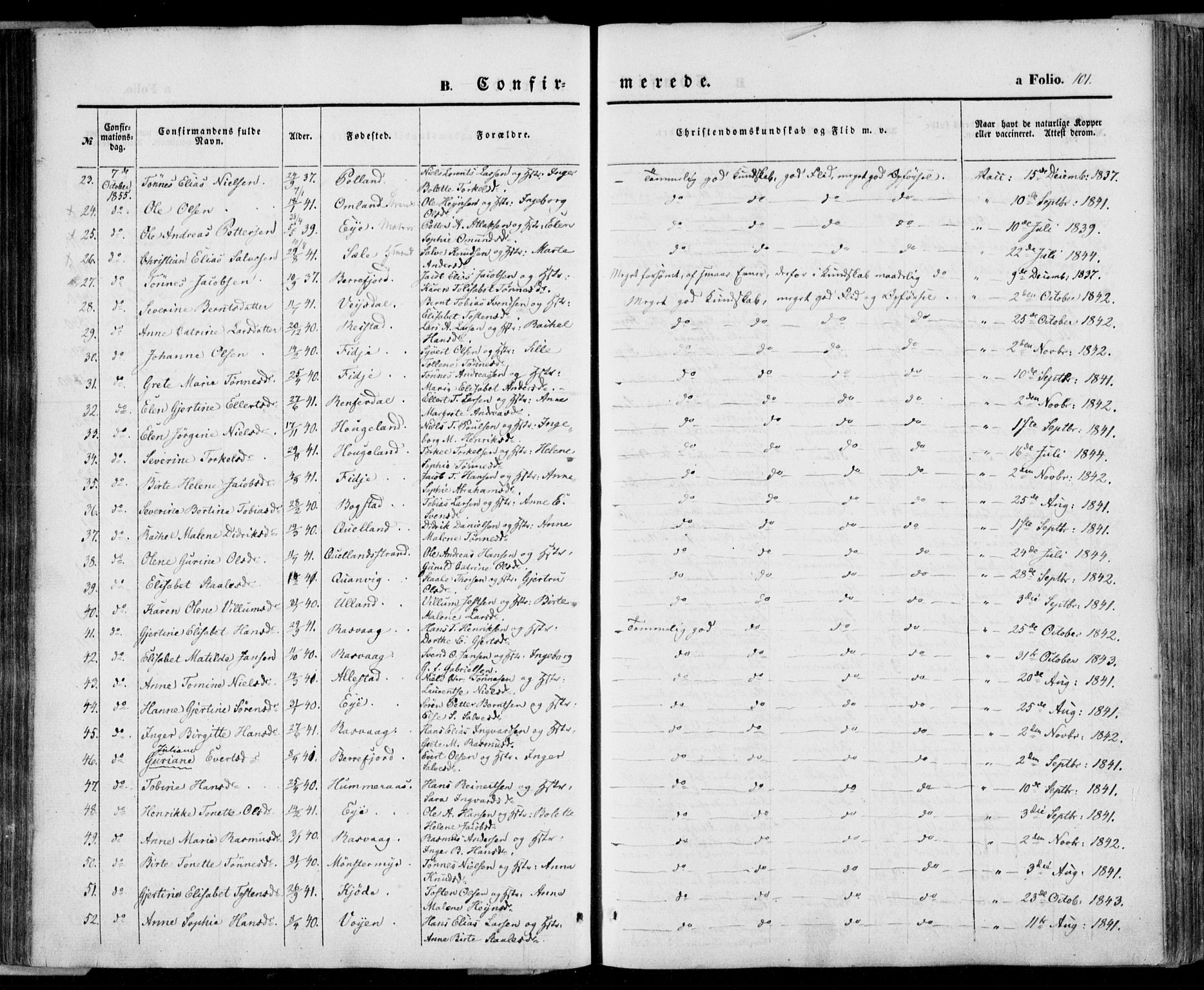 Flekkefjord sokneprestkontor, AV/SAK-1111-0012/F/Fa/Fab/L0004: Parish register (official) no. A 4, 1850-1875, p. 101