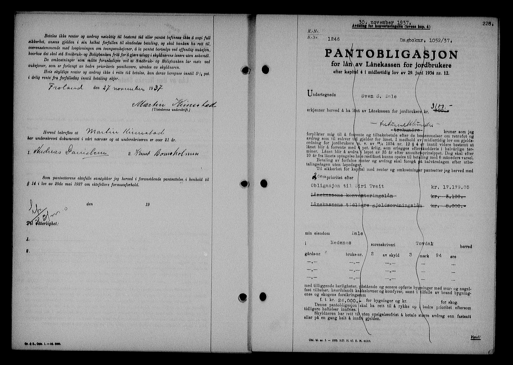 Nedenes sorenskriveri, AV/SAK-1221-0006/G/Gb/Gba/L0044: Mortgage book no. 40, 1937-1938, Diary no: : 1052/1937