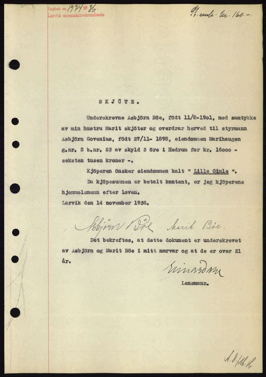 Larvik sorenskriveri, SAKO/A-83/G/Ga/Gab/L0067: Mortgage book no. A-1, 1936-1937, Diary no: : 1974/1936