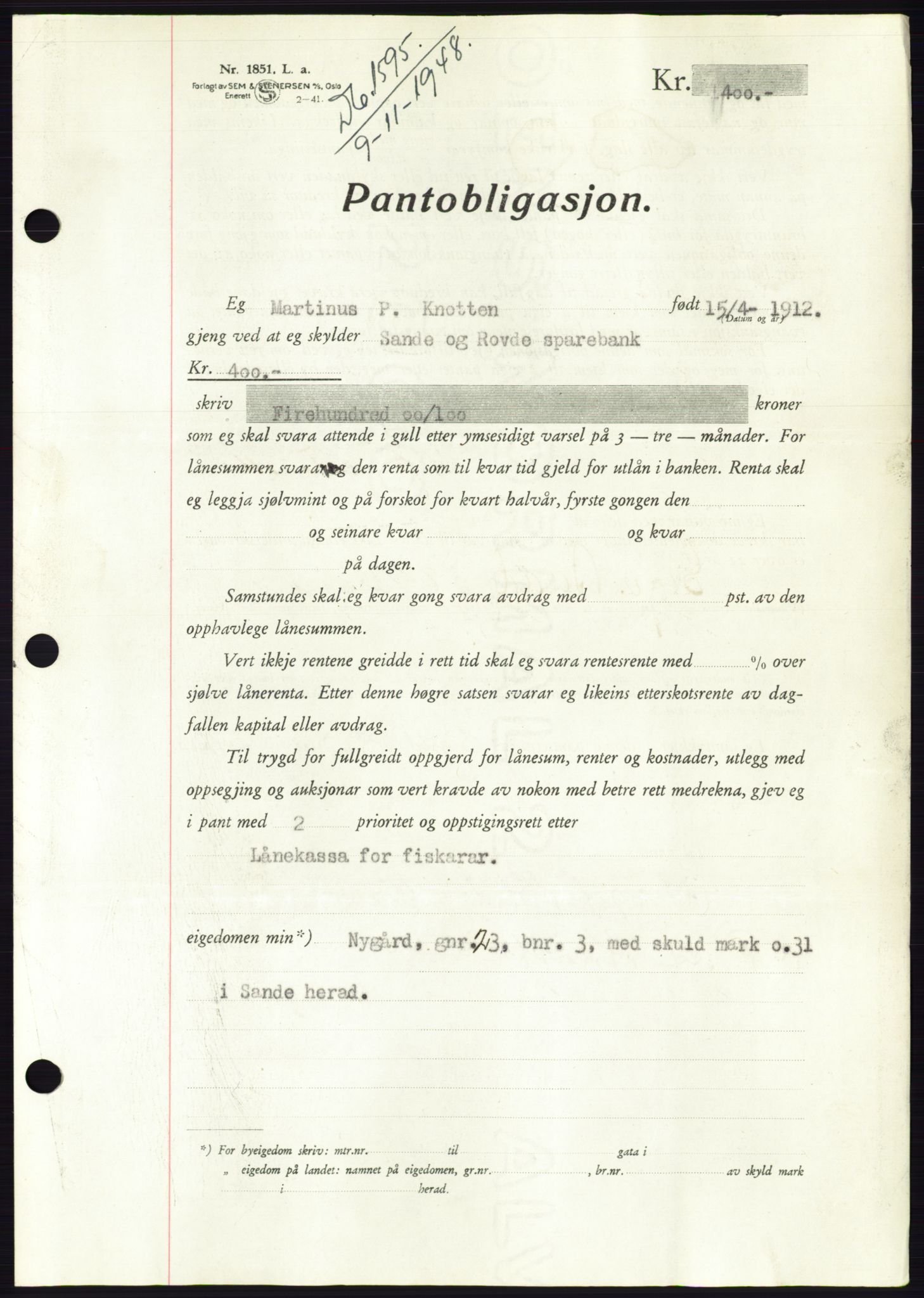 Søre Sunnmøre sorenskriveri, AV/SAT-A-4122/1/2/2C/L0116: Mortgage book no. 4B, 1948-1949, Diary no: : 1595/1948