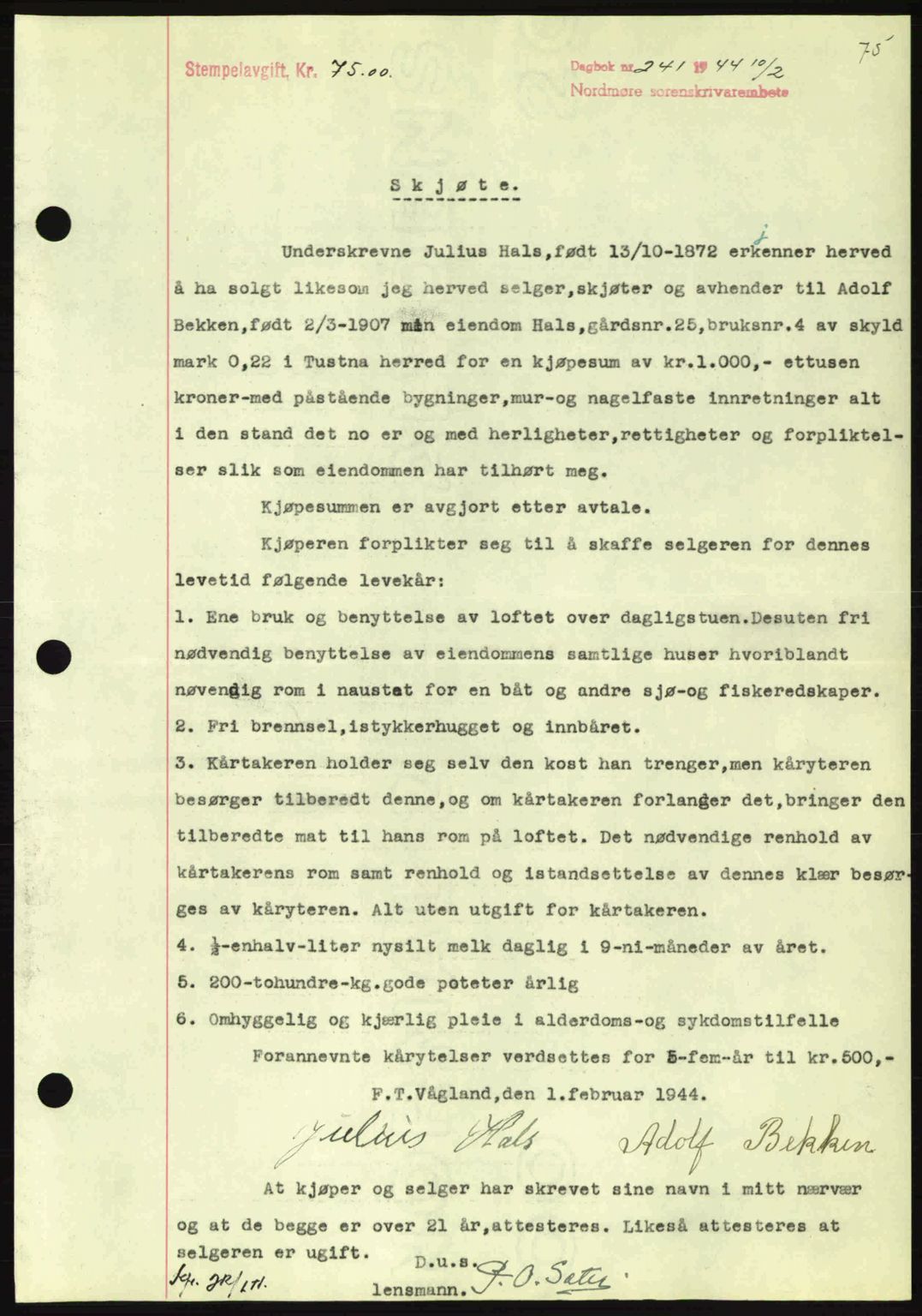 Nordmøre sorenskriveri, AV/SAT-A-4132/1/2/2Ca: Mortgage book no. A97, 1944-1944, Diary no: : 241/1944