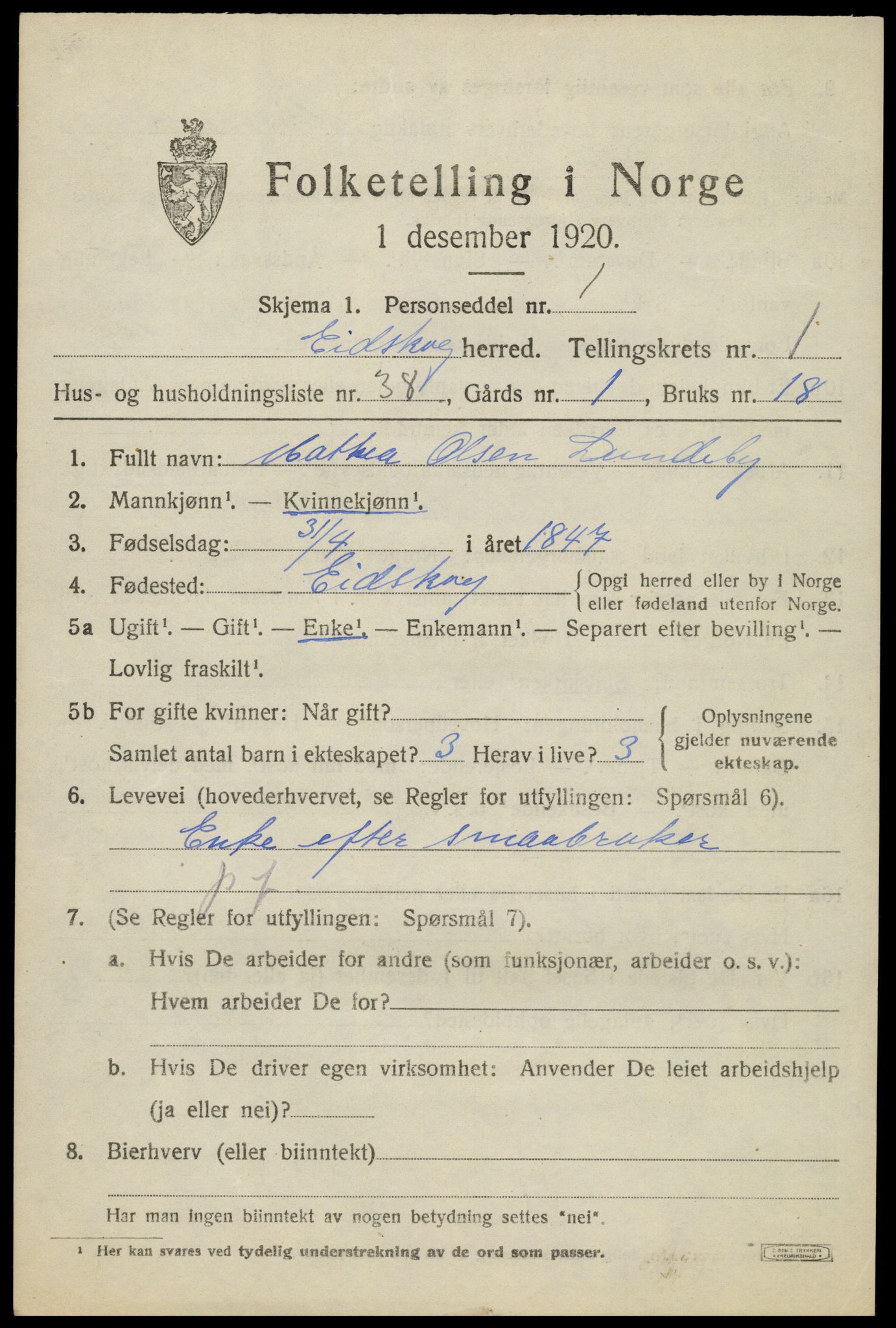 SAH, 1920 census for Eidskog, 1920, p. 2845