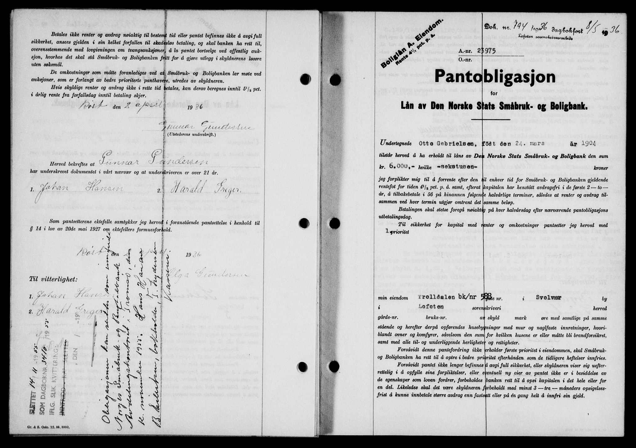 Lofoten sorenskriveri, AV/SAT-A-0017/1/2/2C/L0033b: Mortgage book no. 33b, 1936-1936, Diary no: : 794/1936