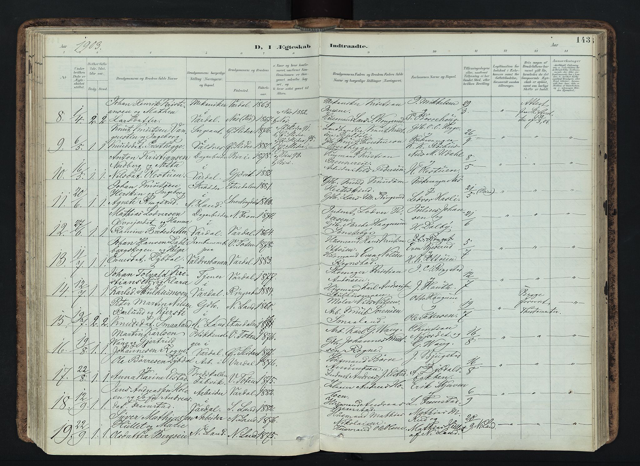 Vardal prestekontor, SAH/PREST-100/H/Ha/Haa/L0019: Parish register (official) no. 19, 1893-1907, p. 143