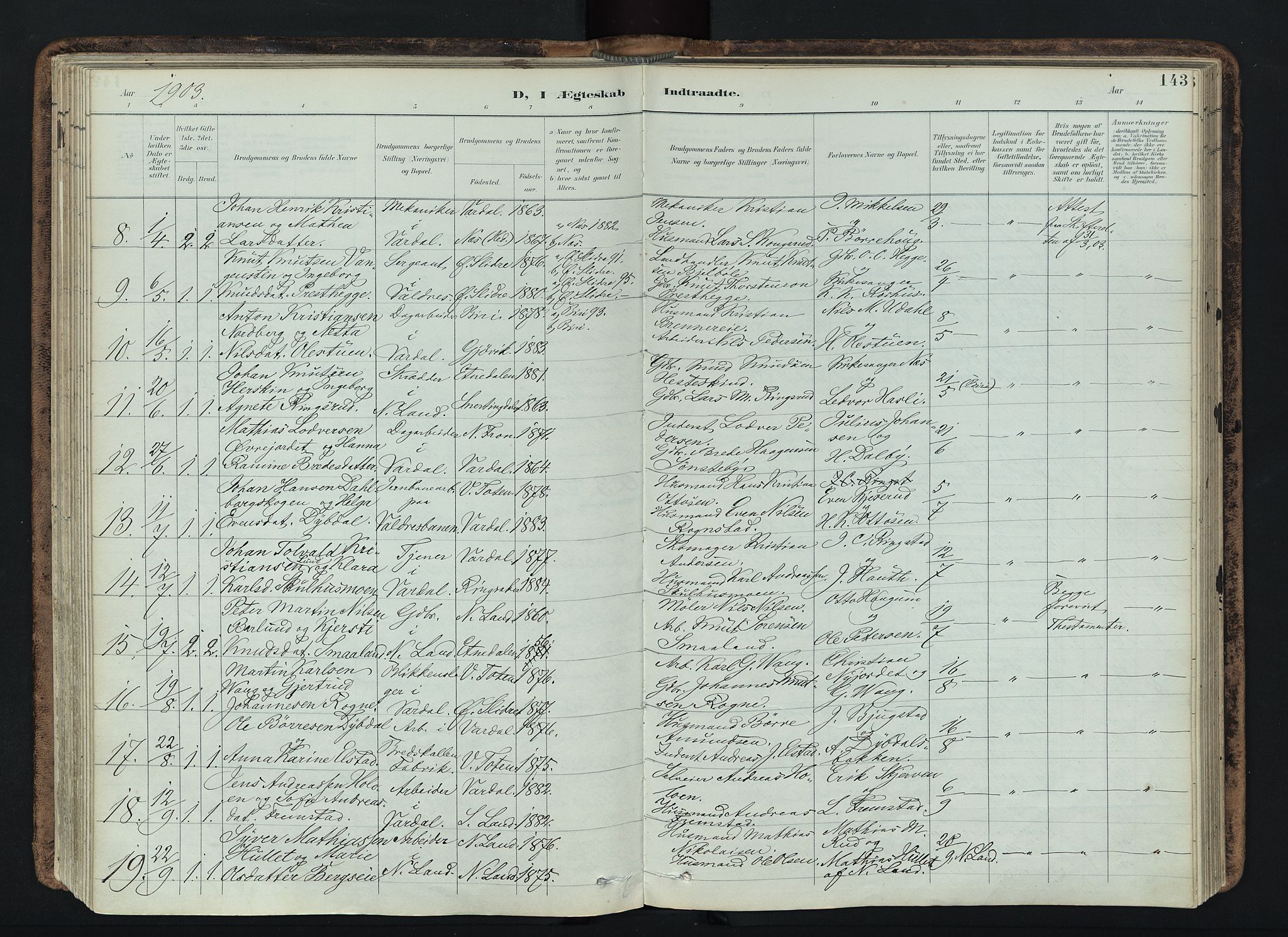 Vardal prestekontor, AV/SAH-PREST-100/H/Ha/Haa/L0019: Parish register (official) no. 19, 1893-1907, p. 143