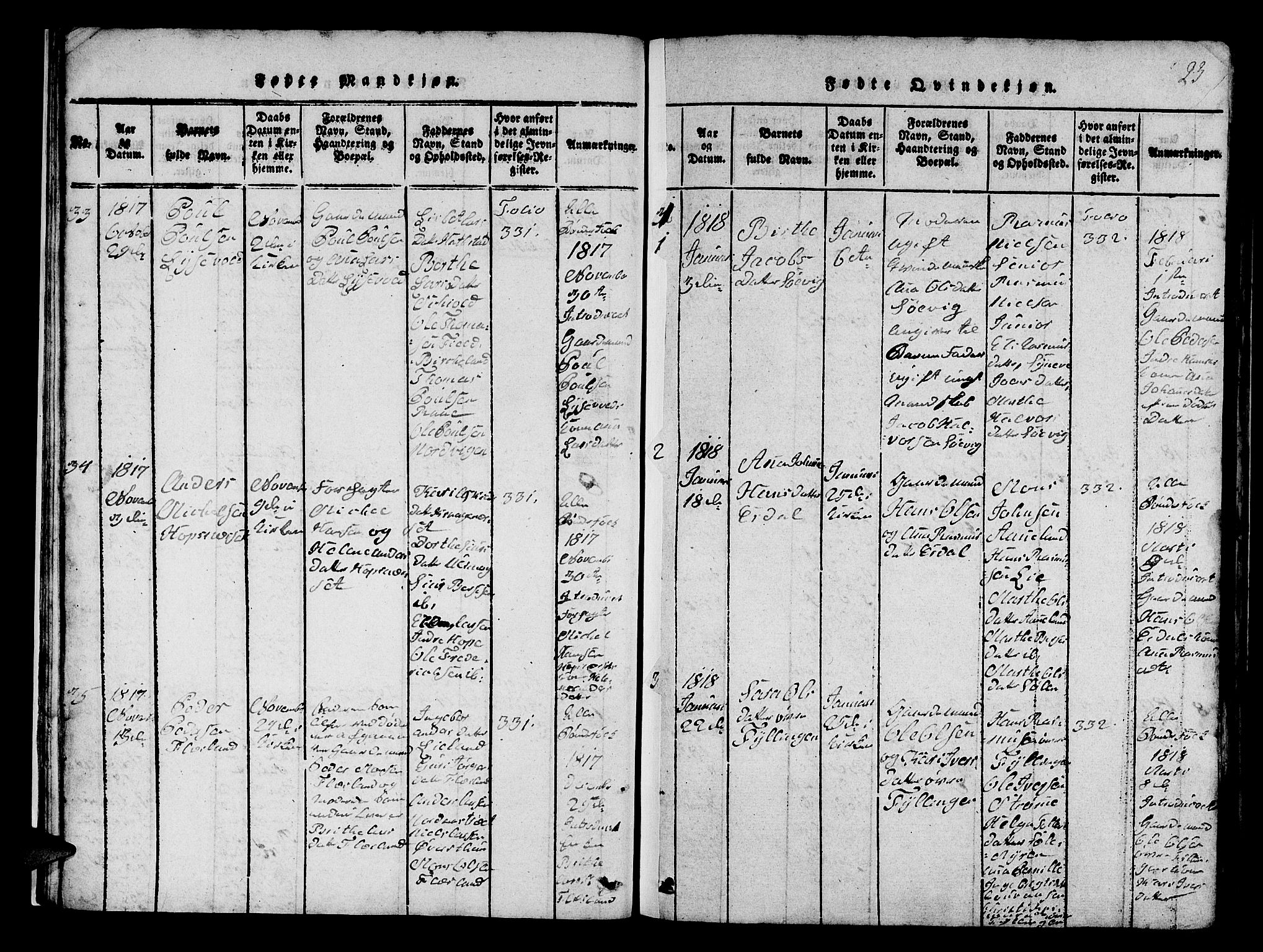 Fana Sokneprestembete, SAB/A-75101/H/Hab/Haba/L0001: Parish register (copy) no. A 1, 1816-1836, p. 23