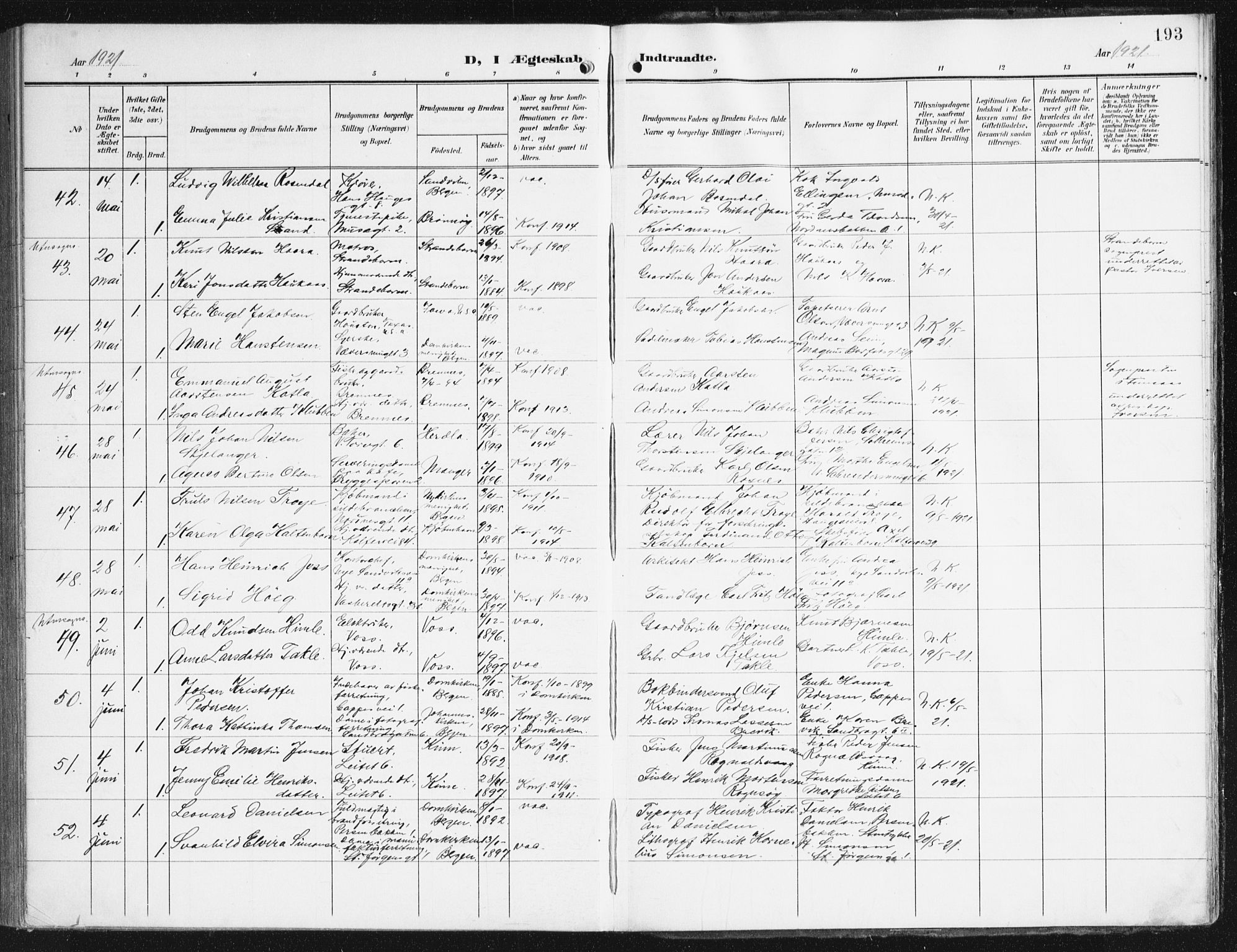 Domkirken sokneprestembete, SAB/A-74801/H/Haa/L0038: Parish register (official) no. D 5, 1906-1921, p. 193