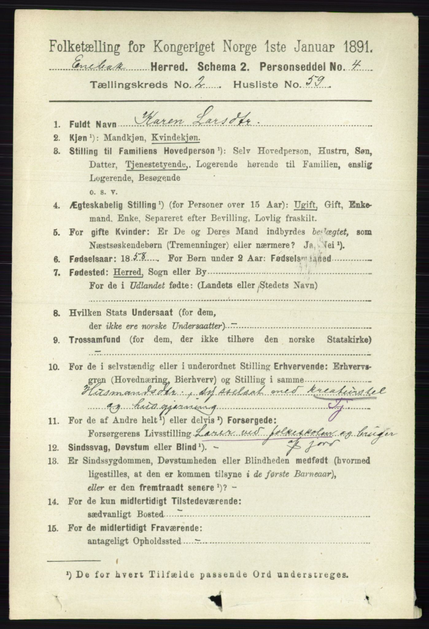 RA, 1891 census for 0229 Enebakk, 1891, p. 1069