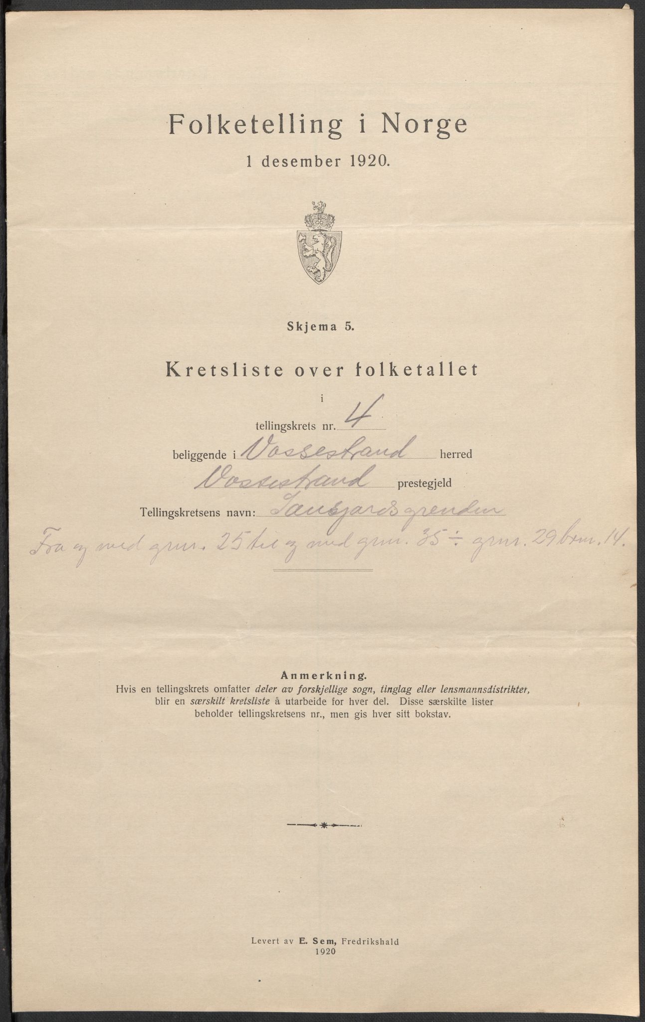 SAB, 1920 census for Vossestrand, 1920, p. 14