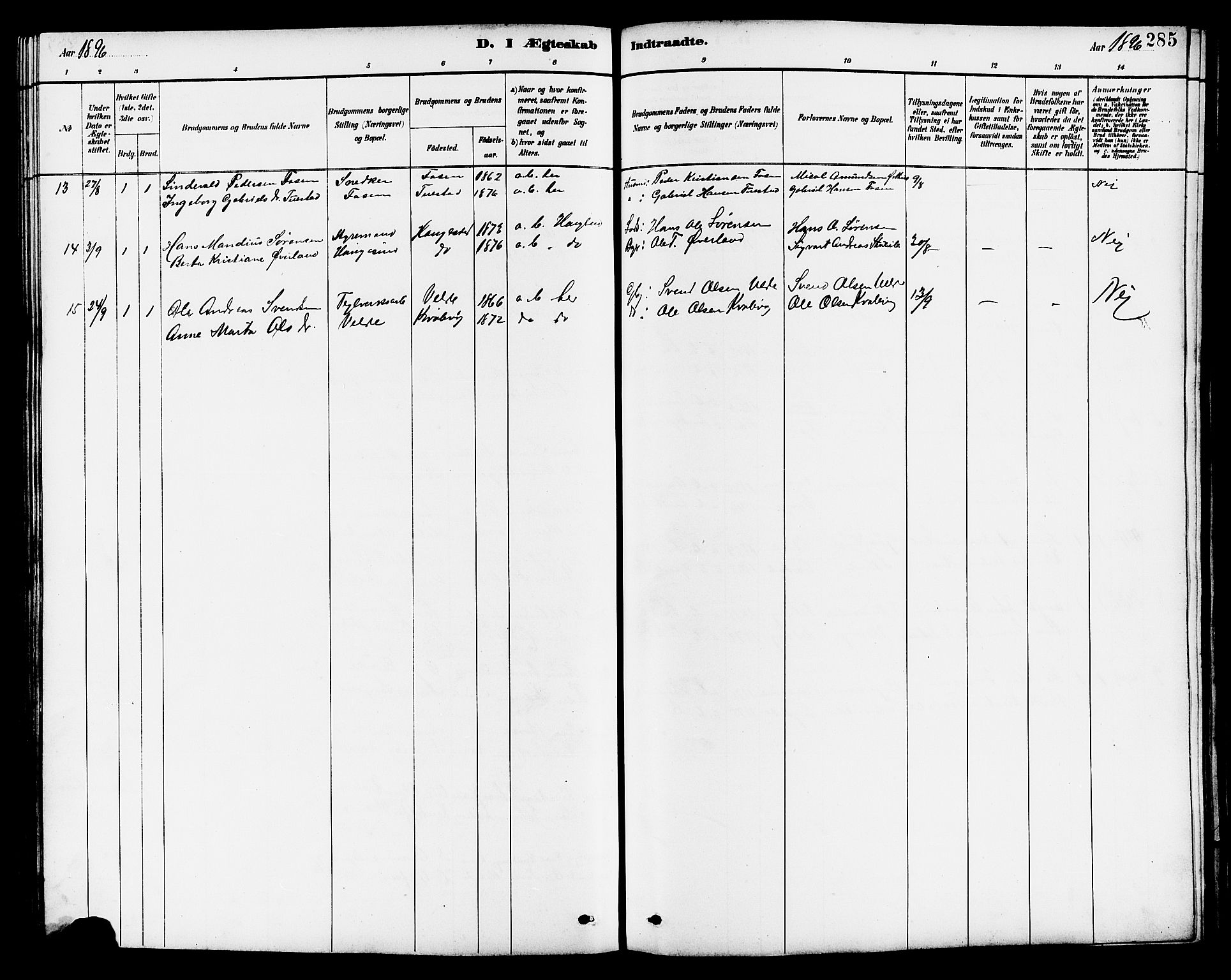 Avaldsnes sokneprestkontor, SAST/A -101851/H/Ha/Hab/L0007: Parish register (copy) no. B 7, 1885-1909, p. 285
