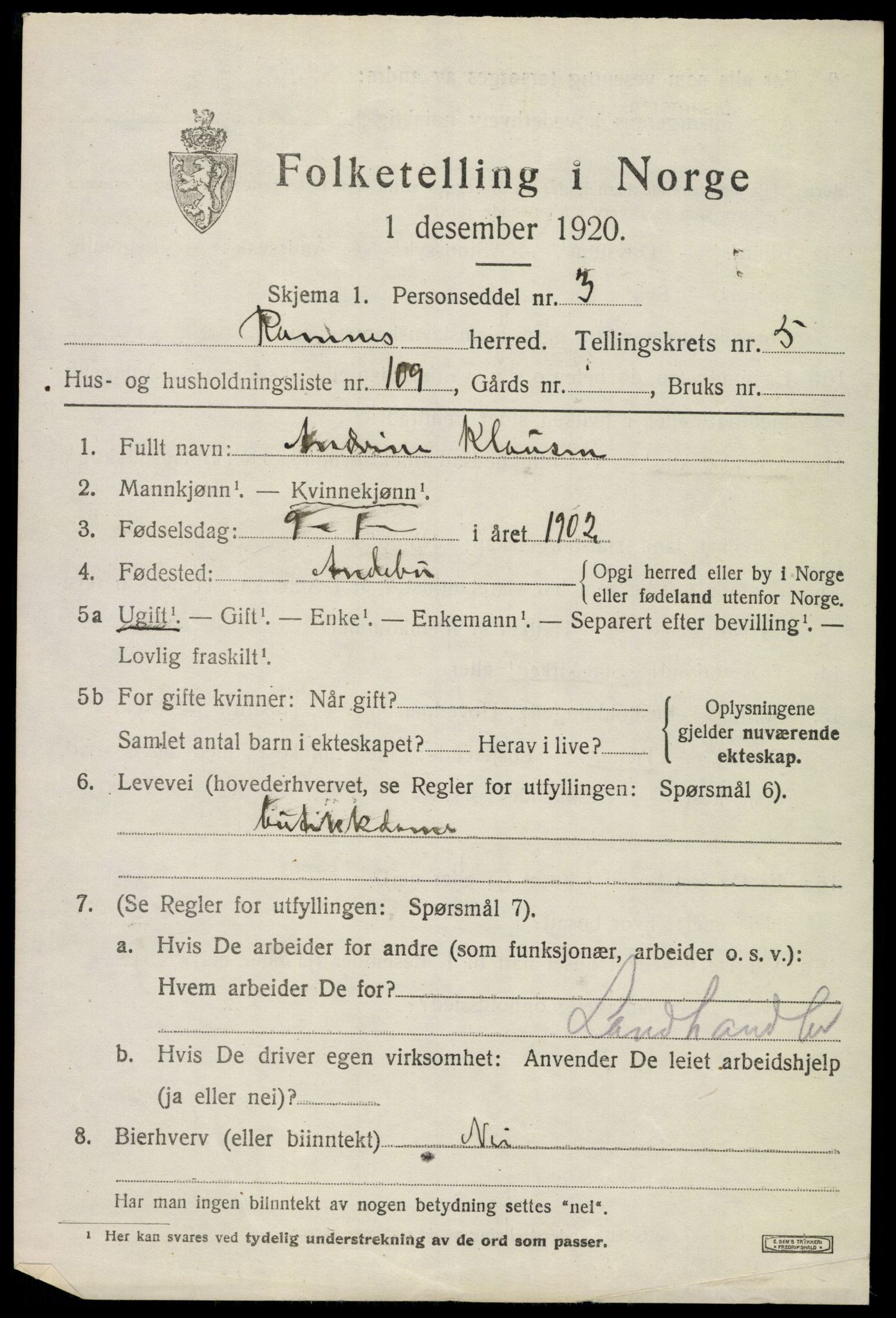 SAKO, 1920 census for Ramnes, 1920, p. 6192