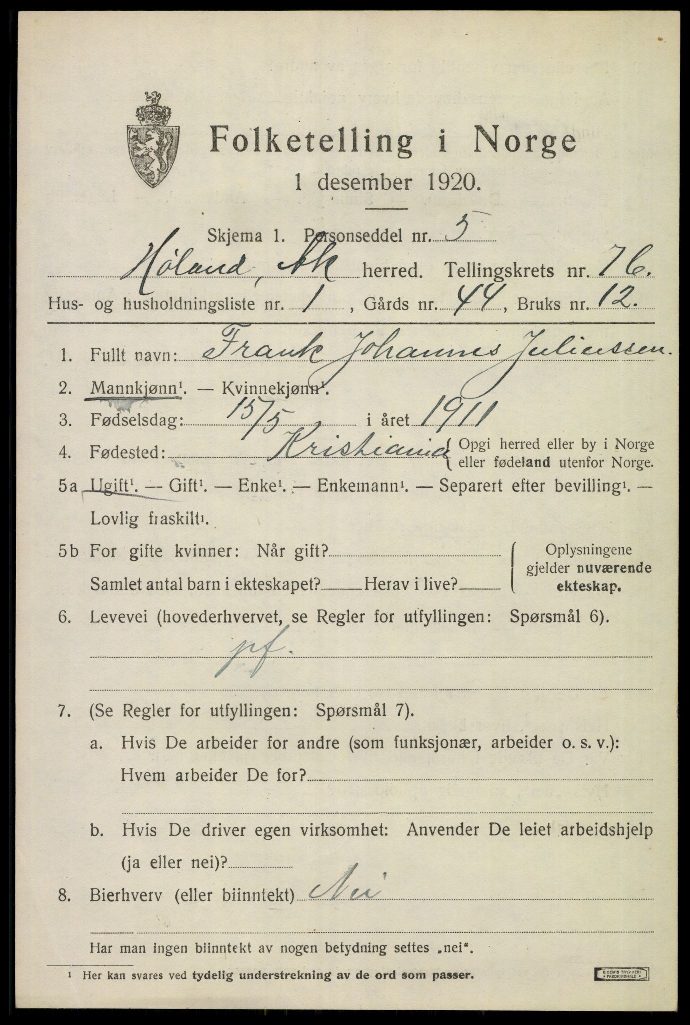 SAO, 1920 census for Høland, 1920, p. 9657