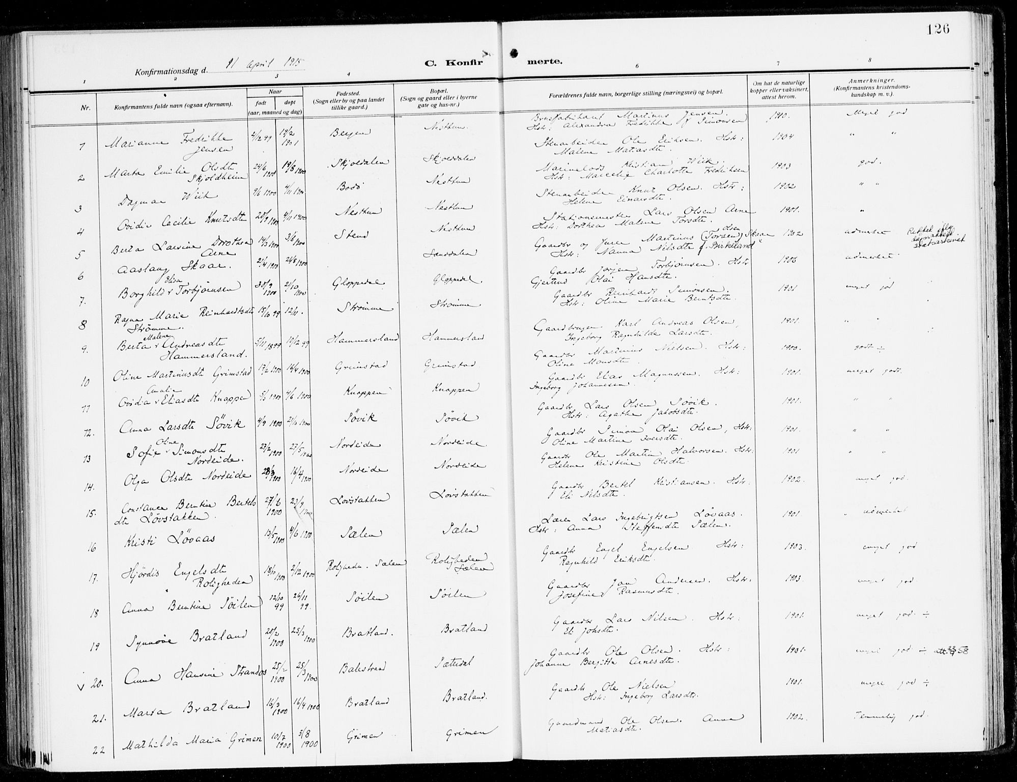 Fana Sokneprestembete, AV/SAB-A-75101/H/Haa/Haai/L0004: Parish register (official) no. I 4, 1912-1933, p. 126