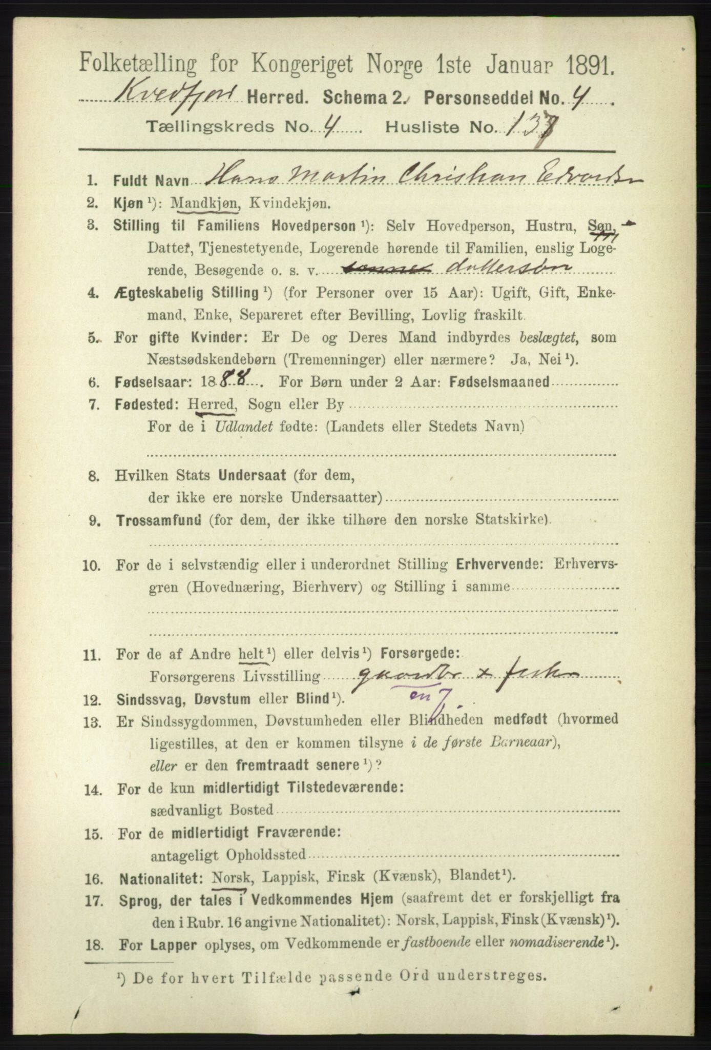 RA, 1891 census for 1911 Kvæfjord, 1891, p. 2757