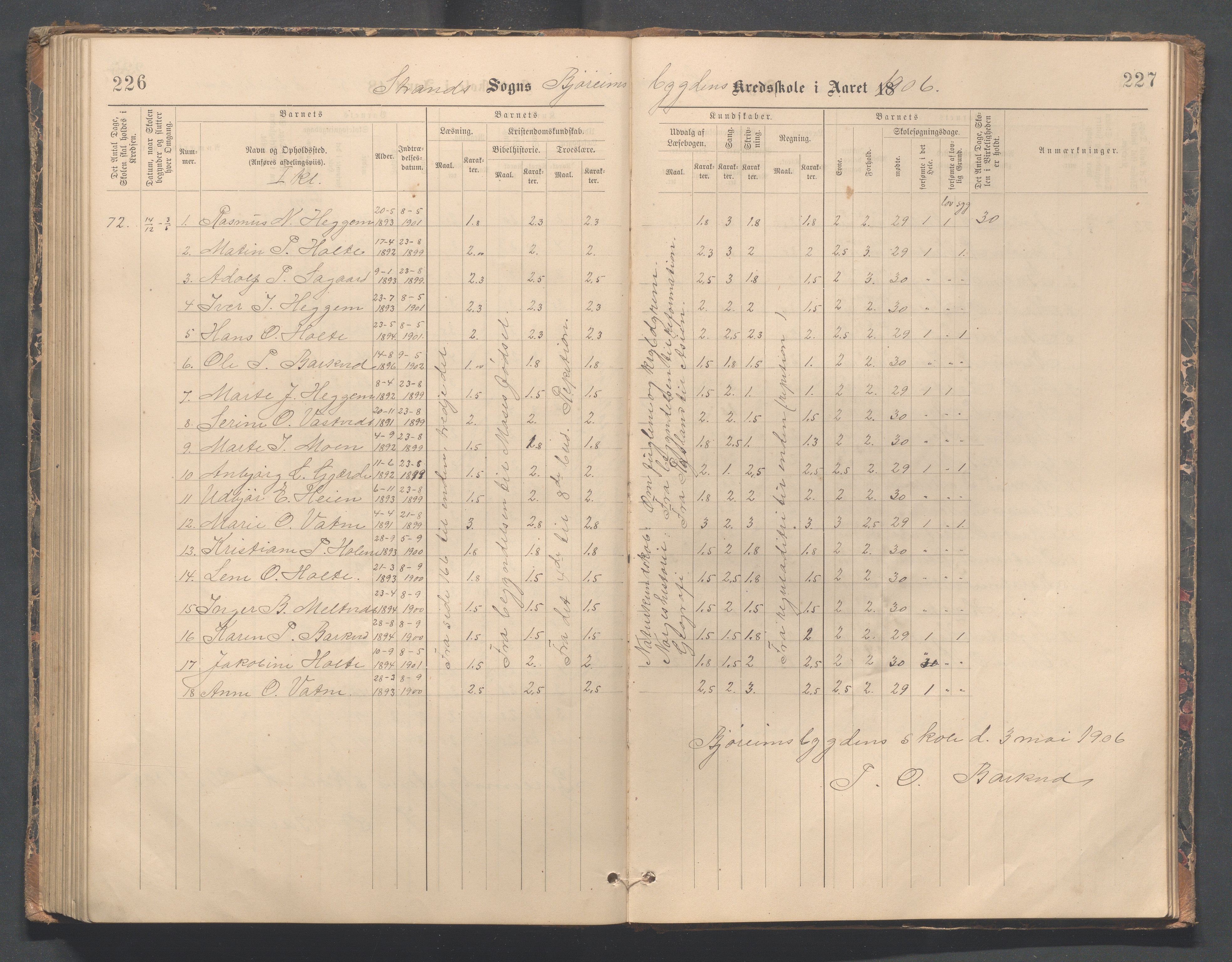 Strand kommune - Bjørheimsbygd skole, IKAR/A-147/H/L0002: Skoleprotokoll for Bjørheimsbygd og Lekvam krets, 1891-1907, p. 226-227