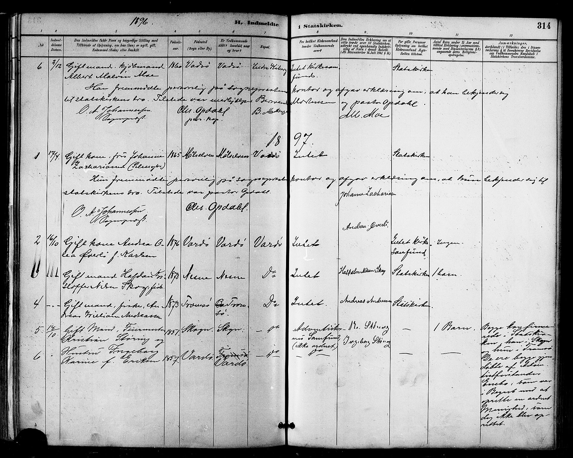 Vardø sokneprestkontor, SATØ/S-1332/H/Ha/L0007kirke: Parish register (official) no. 7, 1886-1897, p. 314