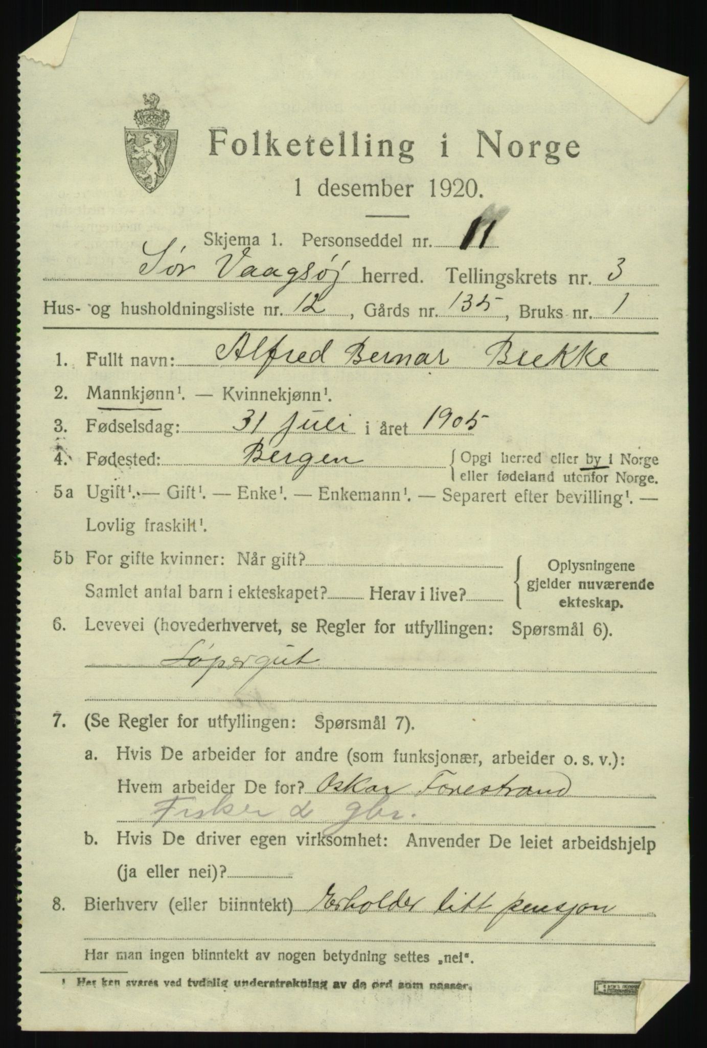 SAB, 1920 census for Sør-Vågsøy, 1920, p. 1708