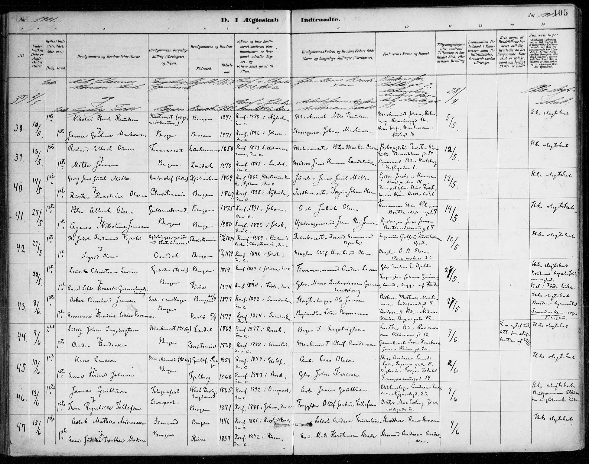 Johanneskirken sokneprestembete, AV/SAB-A-76001/H/Haa/L0012: Parish register (official) no. D 1, 1885-1912, p. 105