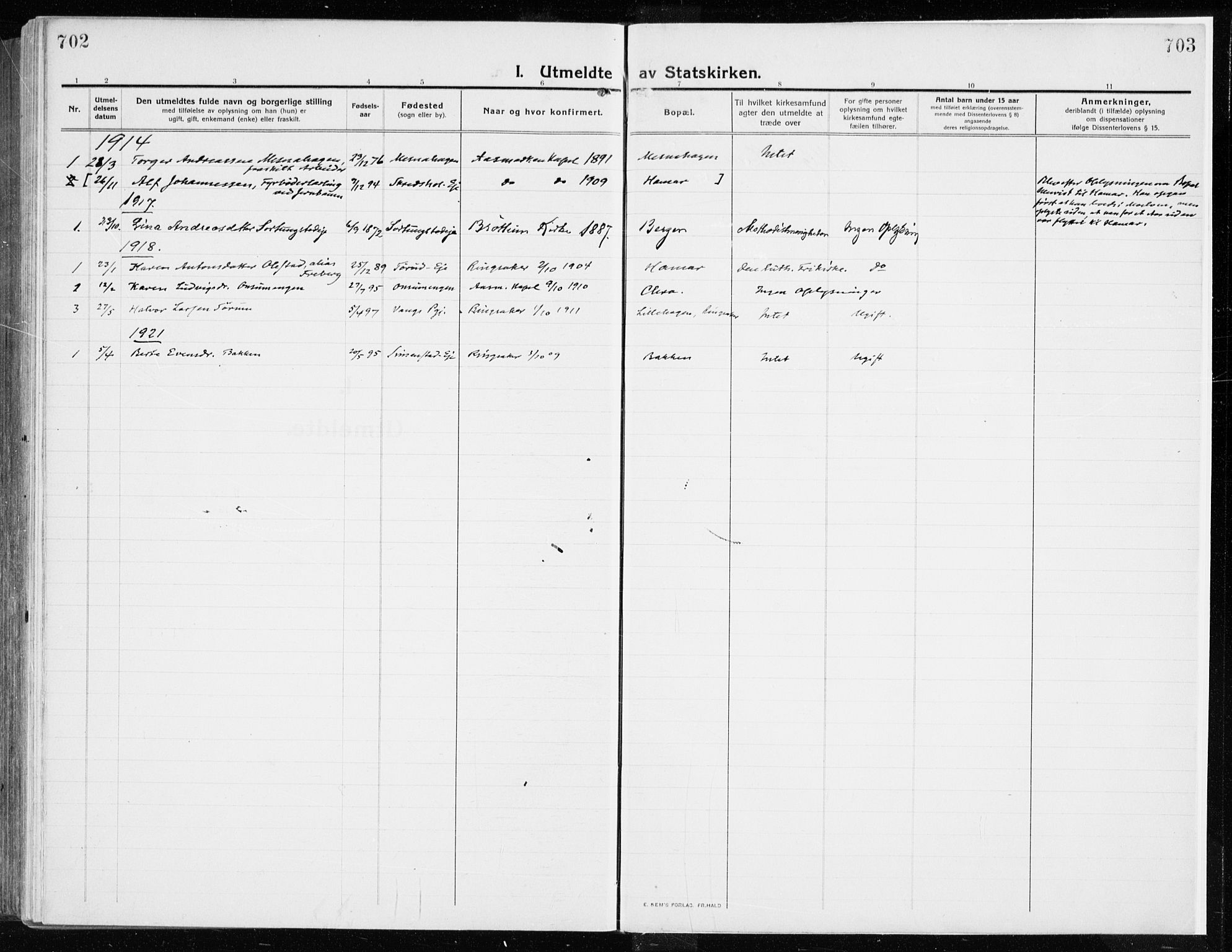 Ringsaker prestekontor, AV/SAH-PREST-014/K/Ka/L0020: Parish register (official) no. 20, 1913-1922, p. 702-703