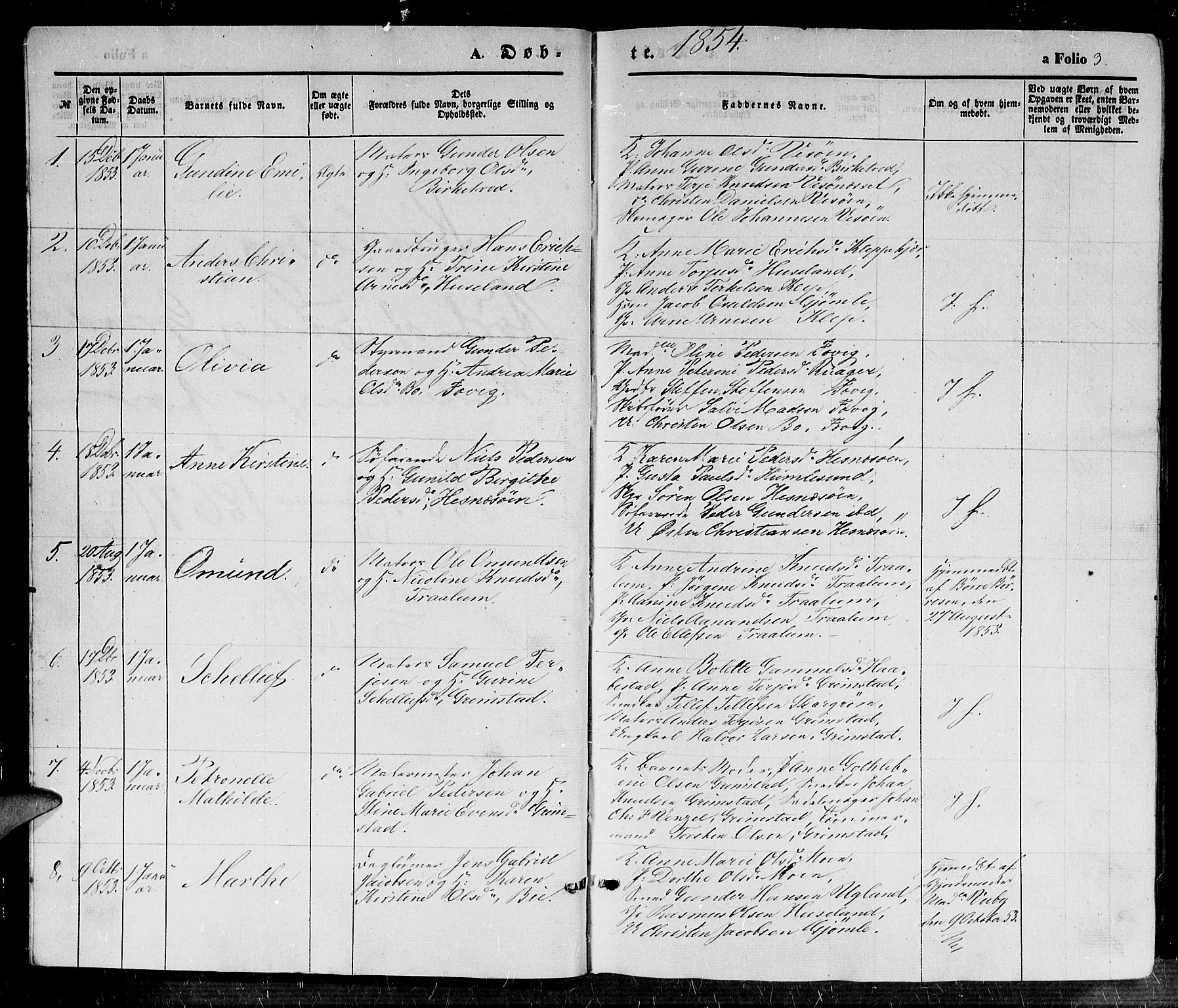 Fjære sokneprestkontor, SAK/1111-0011/F/Fb/L0008: Parish register (copy) no. B 8, 1854-1867, p. 3