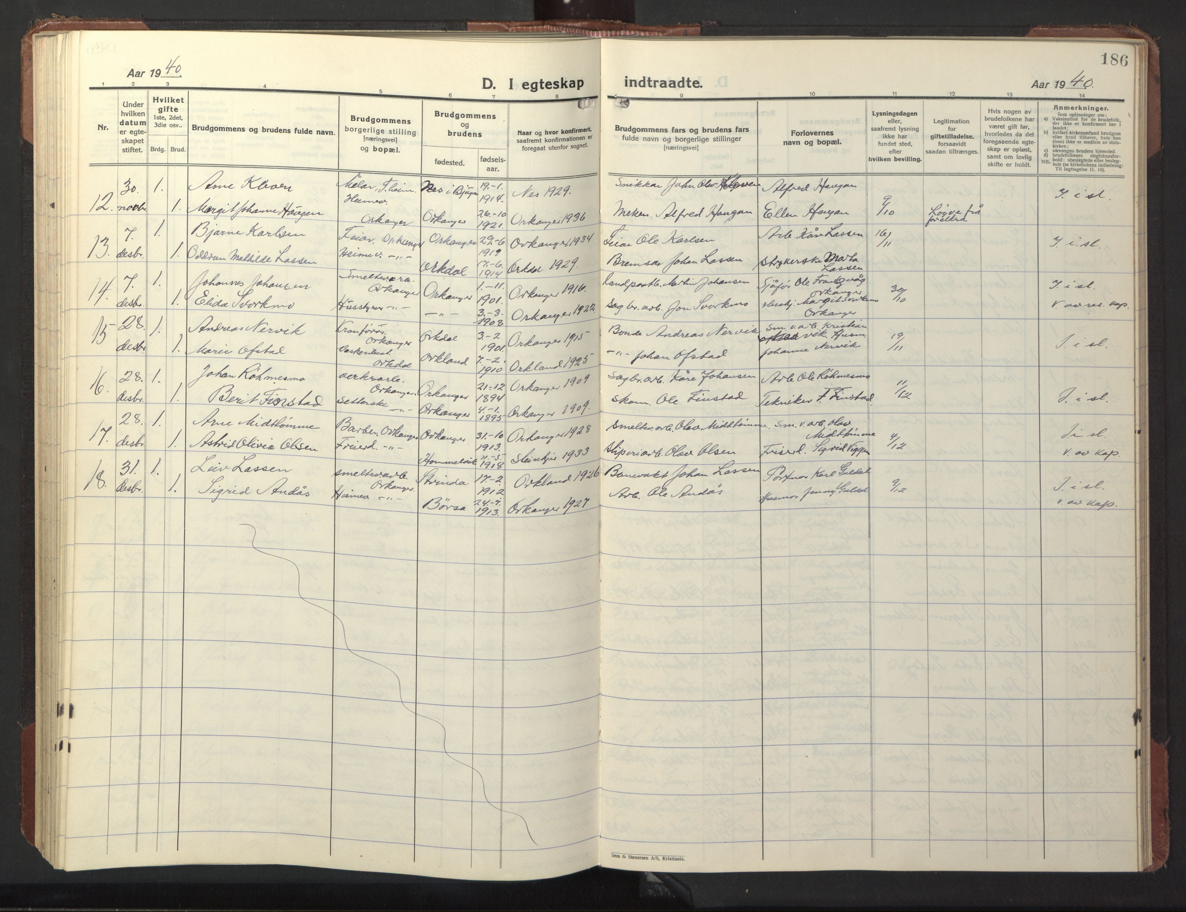 Ministerialprotokoller, klokkerbøker og fødselsregistre - Sør-Trøndelag, SAT/A-1456/669/L0832: Parish register (copy) no. 669C02, 1925-1953, p. 186