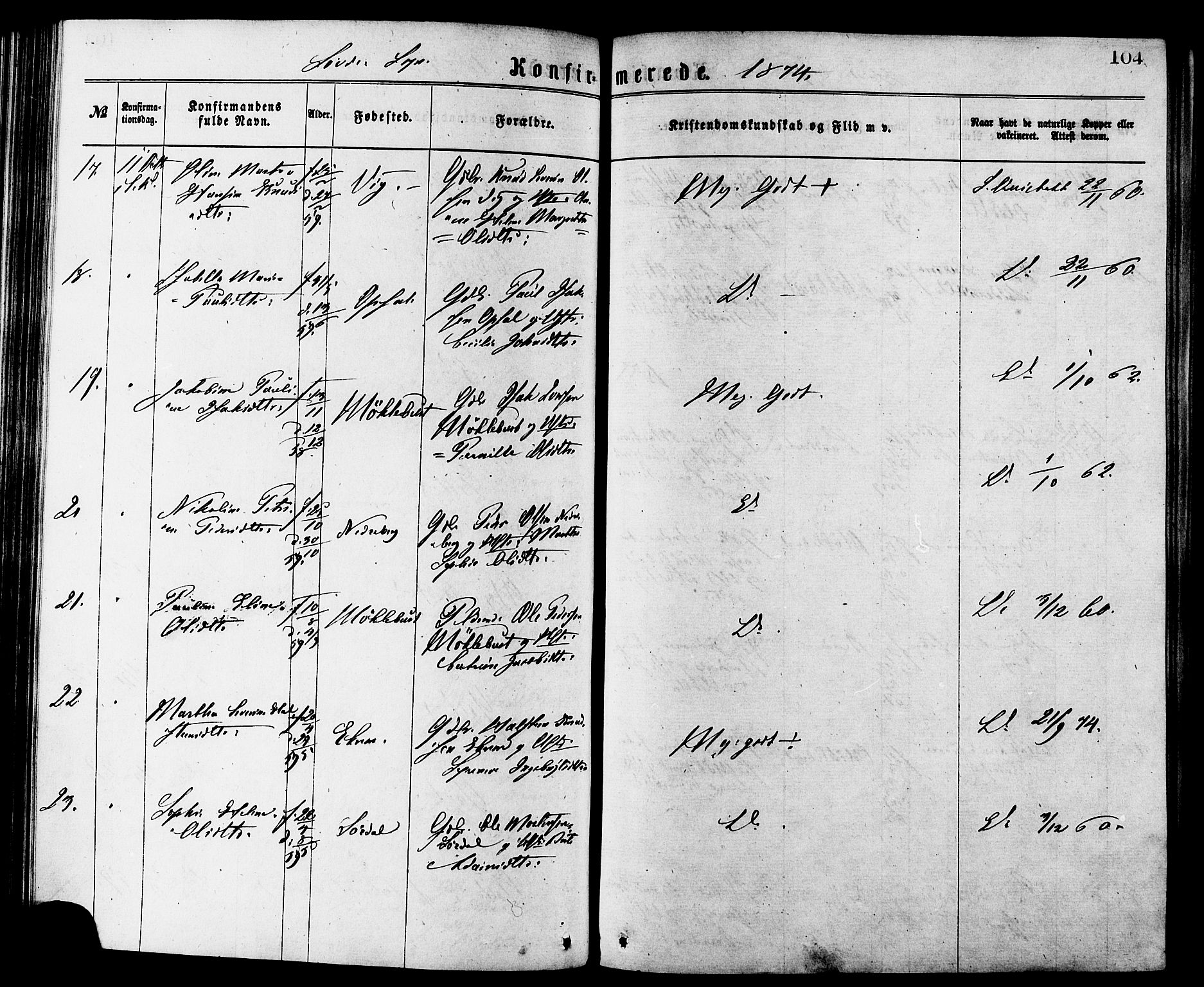 Ministerialprotokoller, klokkerbøker og fødselsregistre - Møre og Romsdal, SAT/A-1454/502/L0024: Parish register (official) no. 502A02, 1873-1884, p. 104