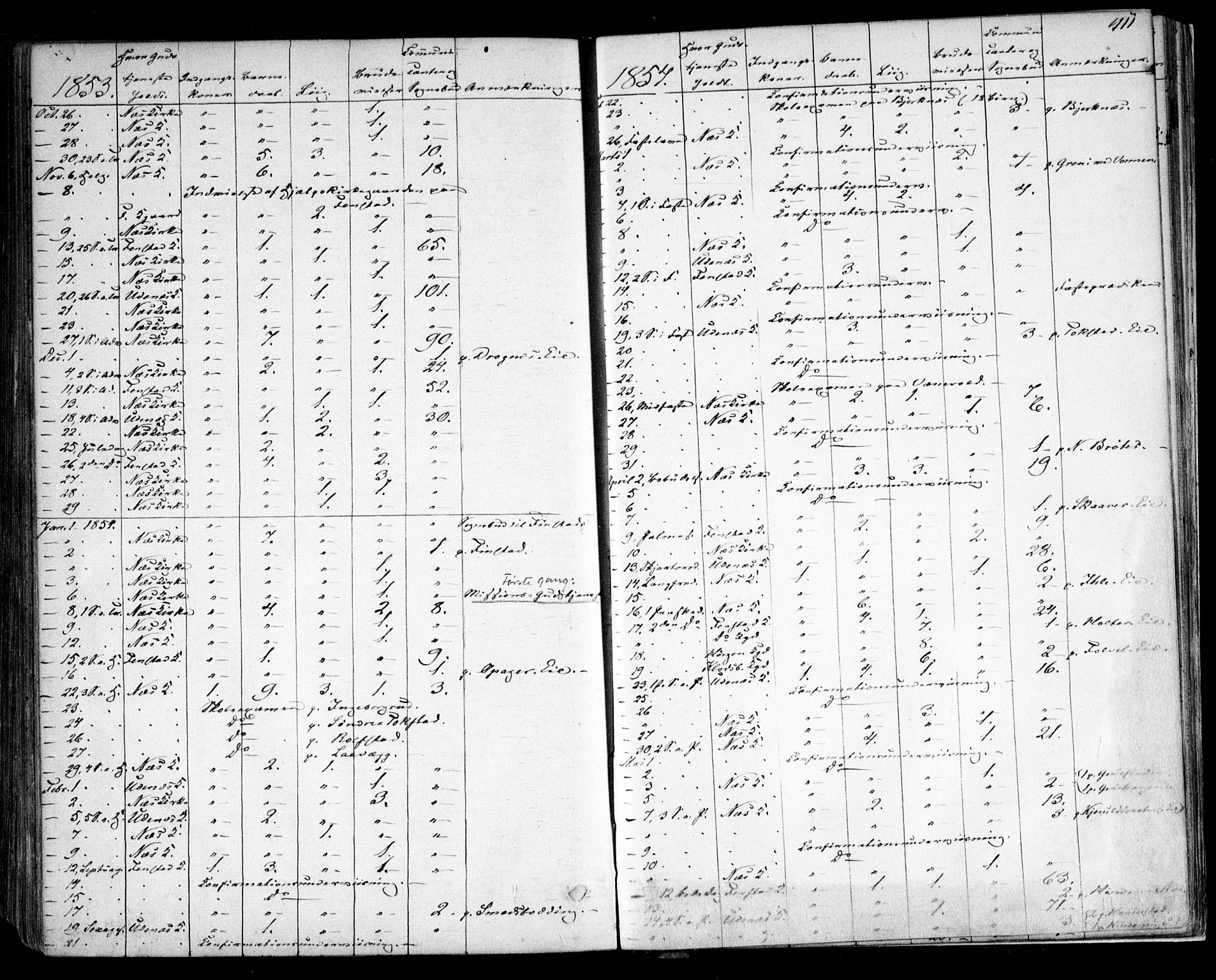 Nes prestekontor Kirkebøker, SAO/A-10410/F/Fa/L0007: Parish register (official) no. I 7, 1846-1858, p. 411
