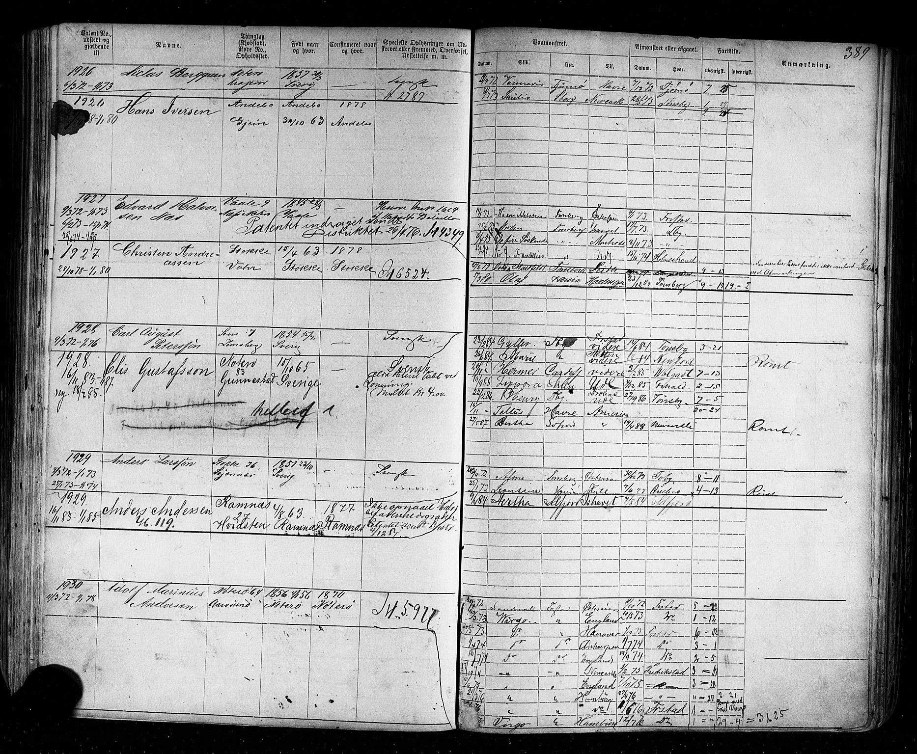 Tønsberg innrulleringskontor, AV/SAKO-A-786/F/Fb/L0002: Annotasjonsrulle Patent nr. 1-2635, 1869-1877, p. 429