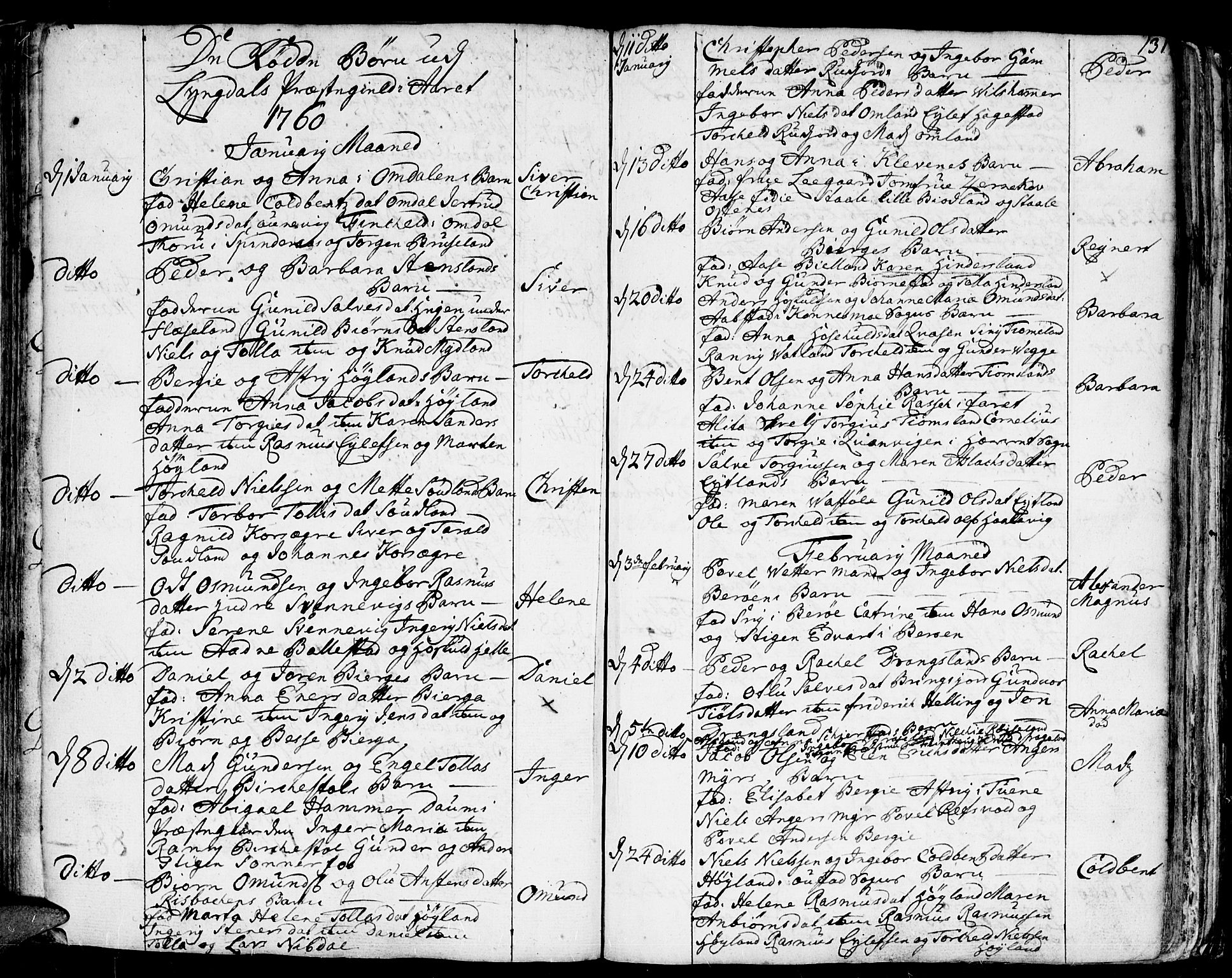 Lyngdal sokneprestkontor, SAK/1111-0029/F/Fa/Fac/L0001: Parish register (official) no. A 1, 1727-1779, p. 131