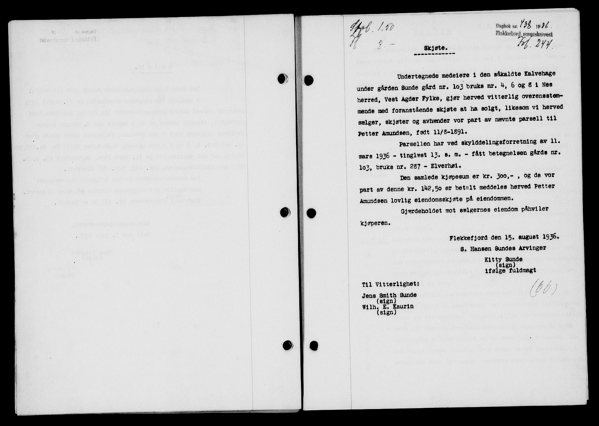 Flekkefjord sorenskriveri, SAK/1221-0001/G/Gb/Gba/L0053: Mortgage book no. A-1, 1936-1937, Diary no: : 438/1936