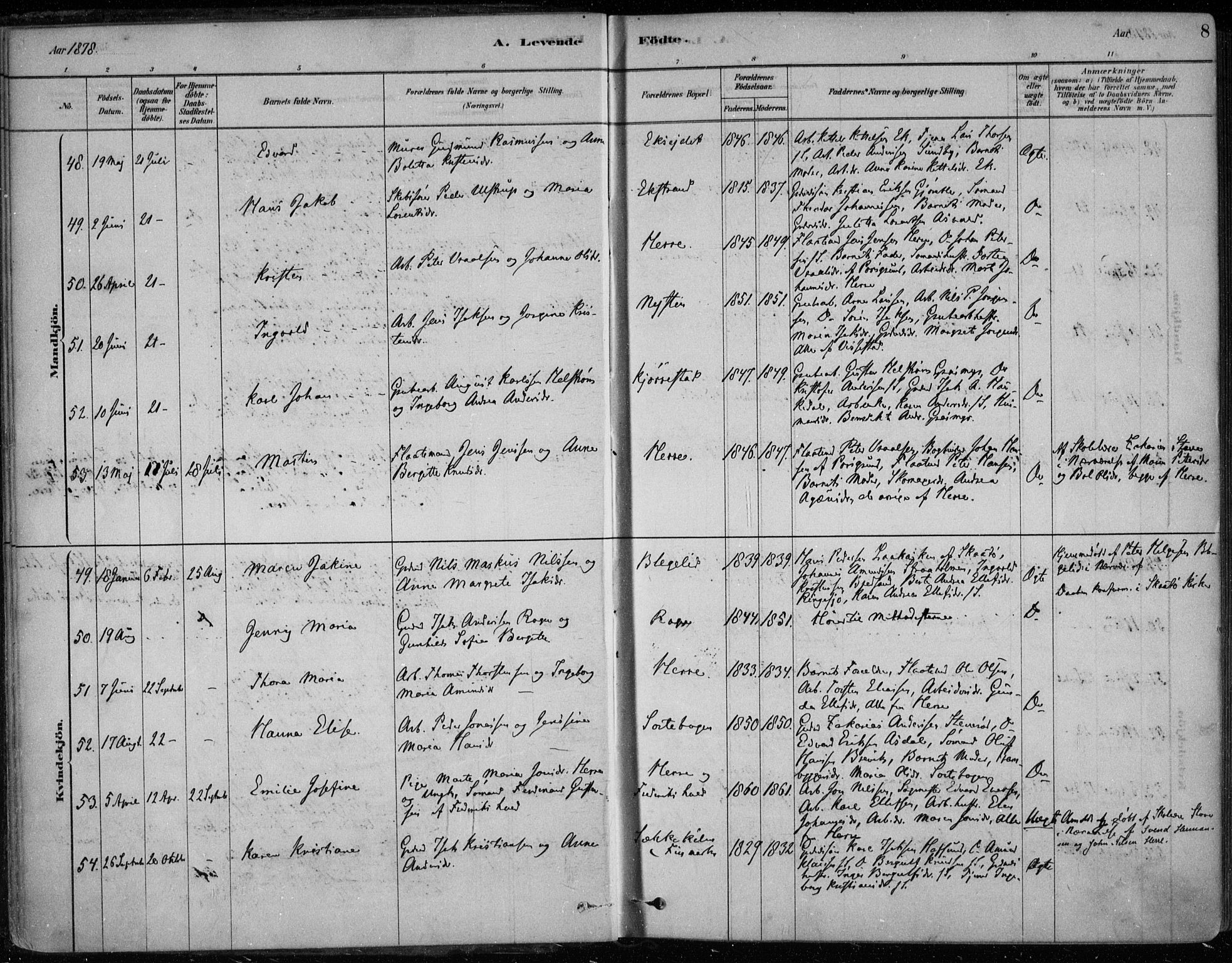 Bamble kirkebøker, SAKO/A-253/F/Fa/L0007: Parish register (official) no. I 7, 1878-1888, p. 8