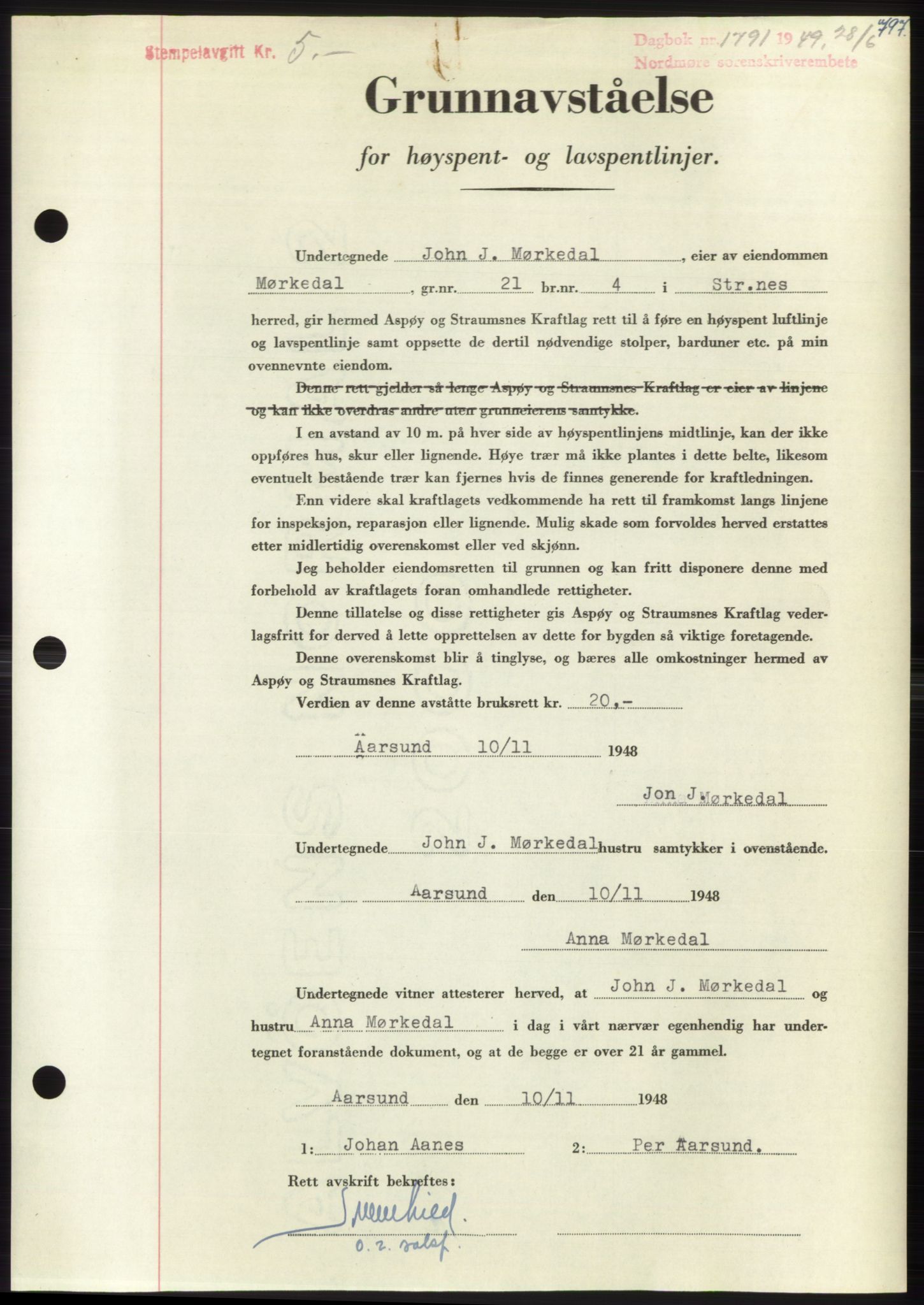 Nordmøre sorenskriveri, AV/SAT-A-4132/1/2/2Ca: Mortgage book no. B101, 1949-1949, Diary no: : 1791/1949