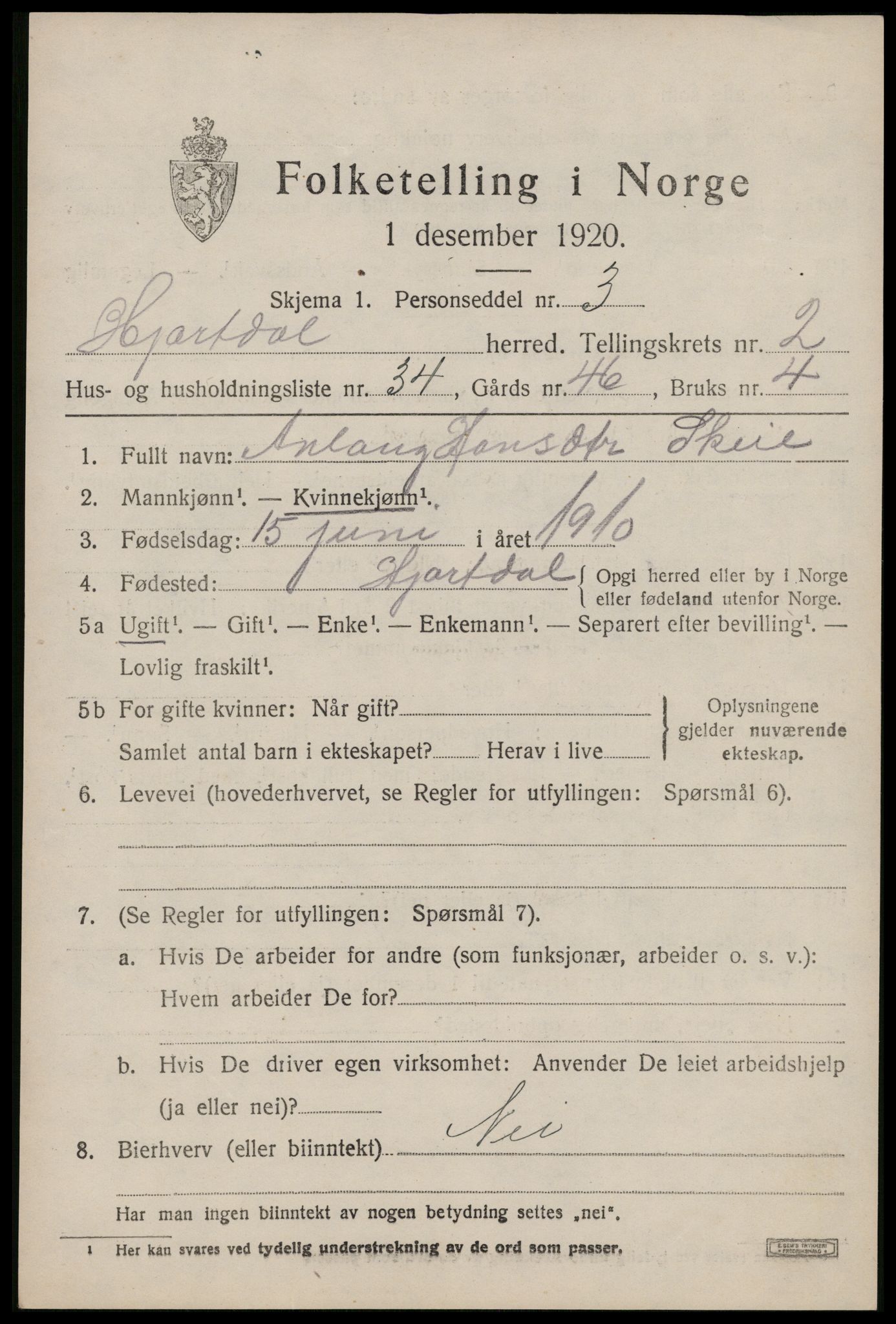SAKO, 1920 census for Hjartdal, 1920, p. 2182