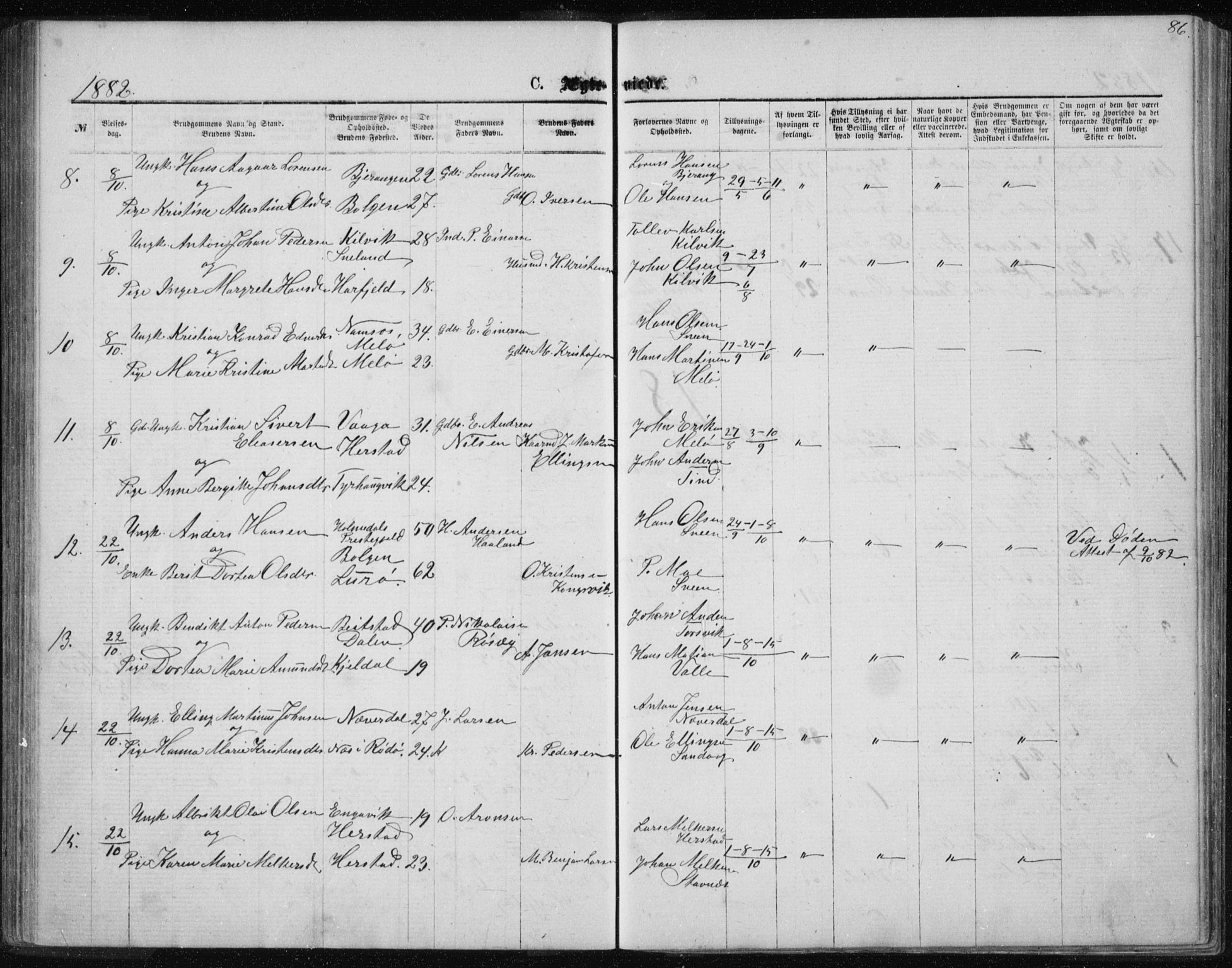 Ministerialprotokoller, klokkerbøker og fødselsregistre - Nordland, AV/SAT-A-1459/843/L0635: Parish register (copy) no. 843C04, 1872-1887, p. 86