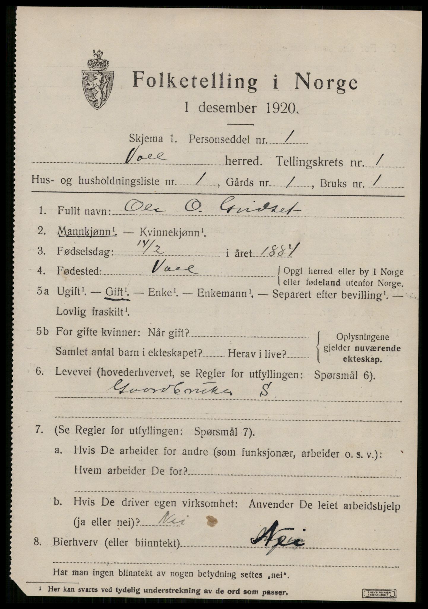 SAT, 1920 census for Voll, 1920, p. 325