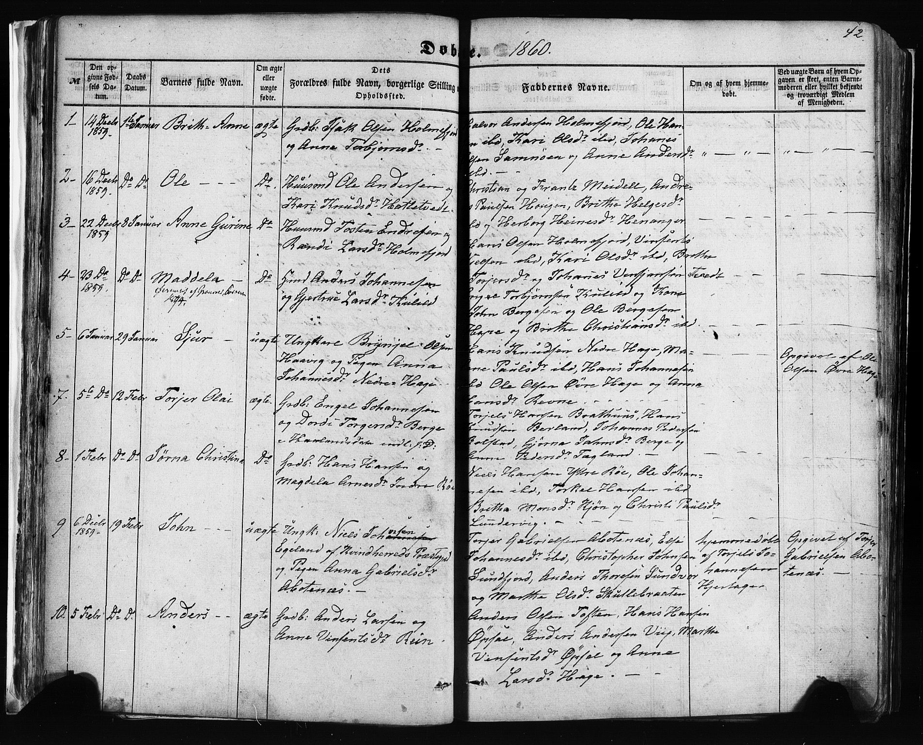 Fusa sokneprestembete, AV/SAB-A-75401/H/Haa: Parish register (official) no. A 1I, 1855-1879, p. 42