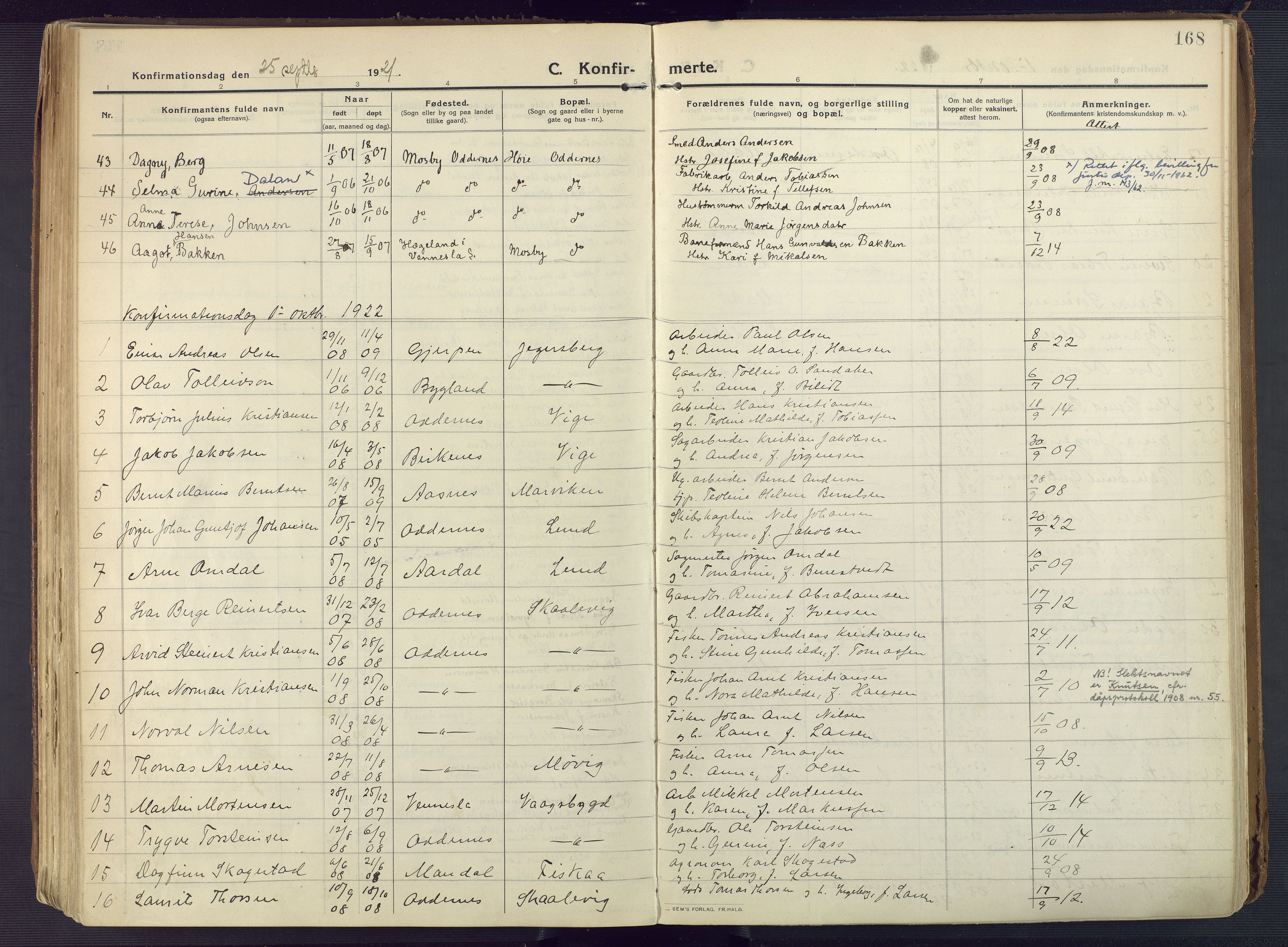 Oddernes sokneprestkontor, AV/SAK-1111-0033/F/Fa/Faa/L0012: Parish register (official) no. A 12, 1912-1925, p. 168