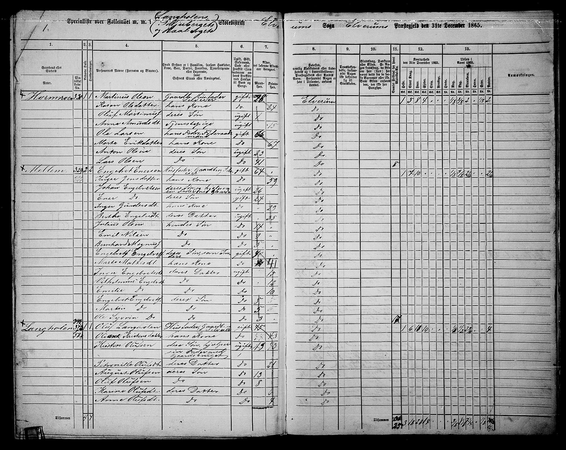 RA, 1865 census for Elverum, 1865, p. 256