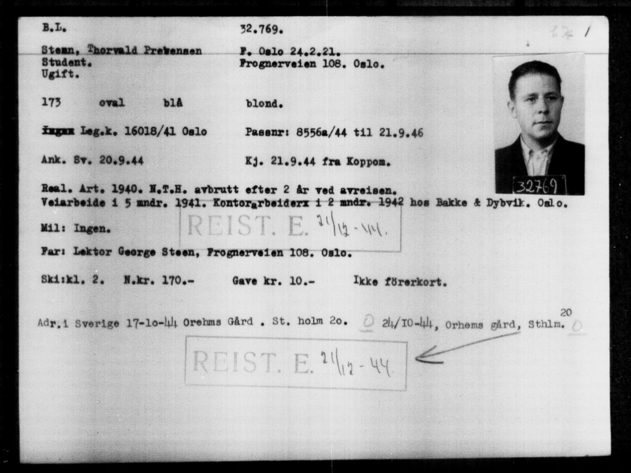Utenriksstasjonene, Legasjonen i Stockholm, Flyktningkontoret, AV/RA-S-6753/V/Va/L0013: Kjesäterkartoteket, flyktninger med registreringsnr. 31500-34731, 1940-1945, p. 1331