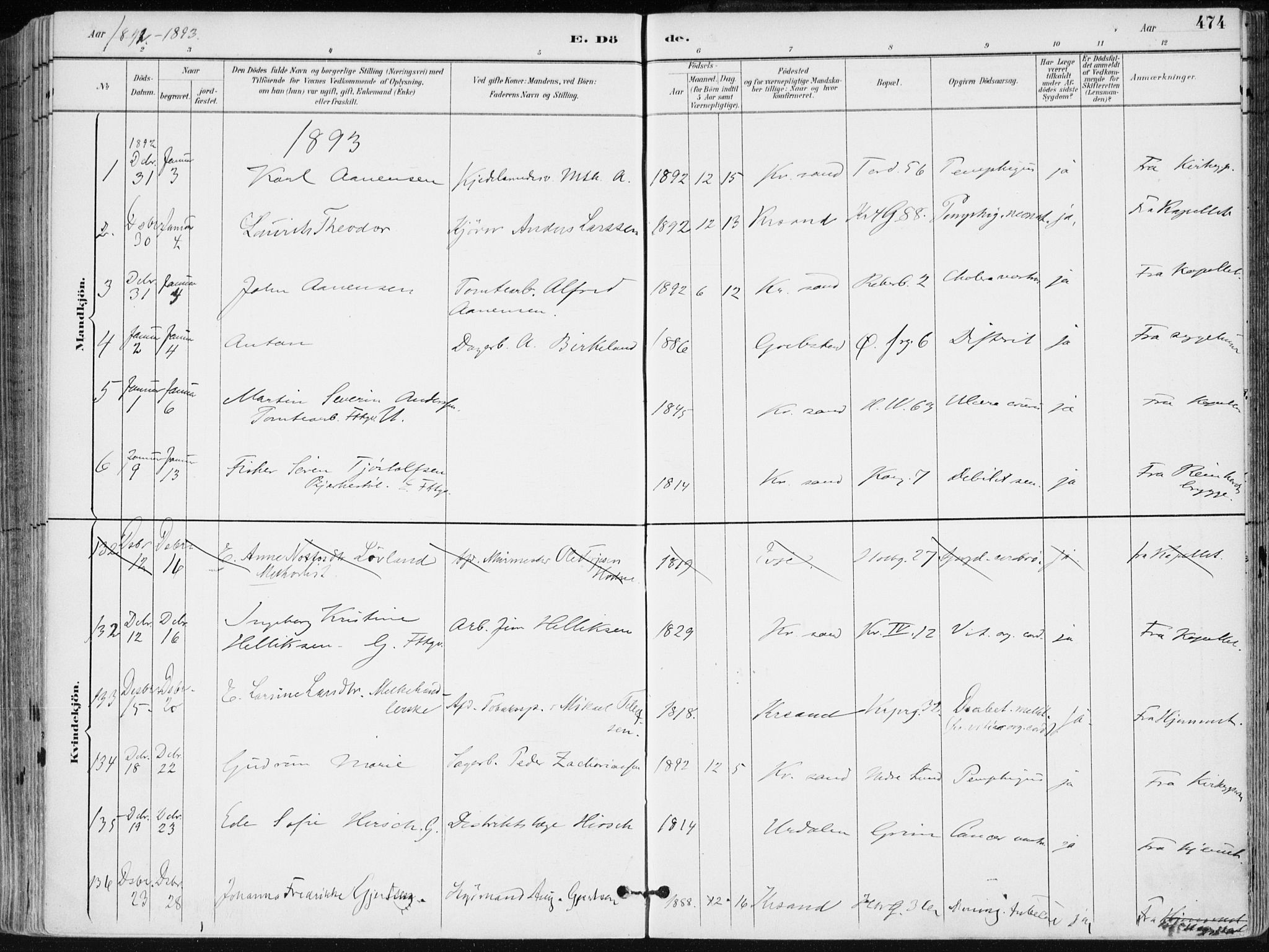 Kristiansand domprosti, AV/SAK-1112-0006/F/Fa/L0019: Parish register (official) no. A 18, 1890-1897, p. 474