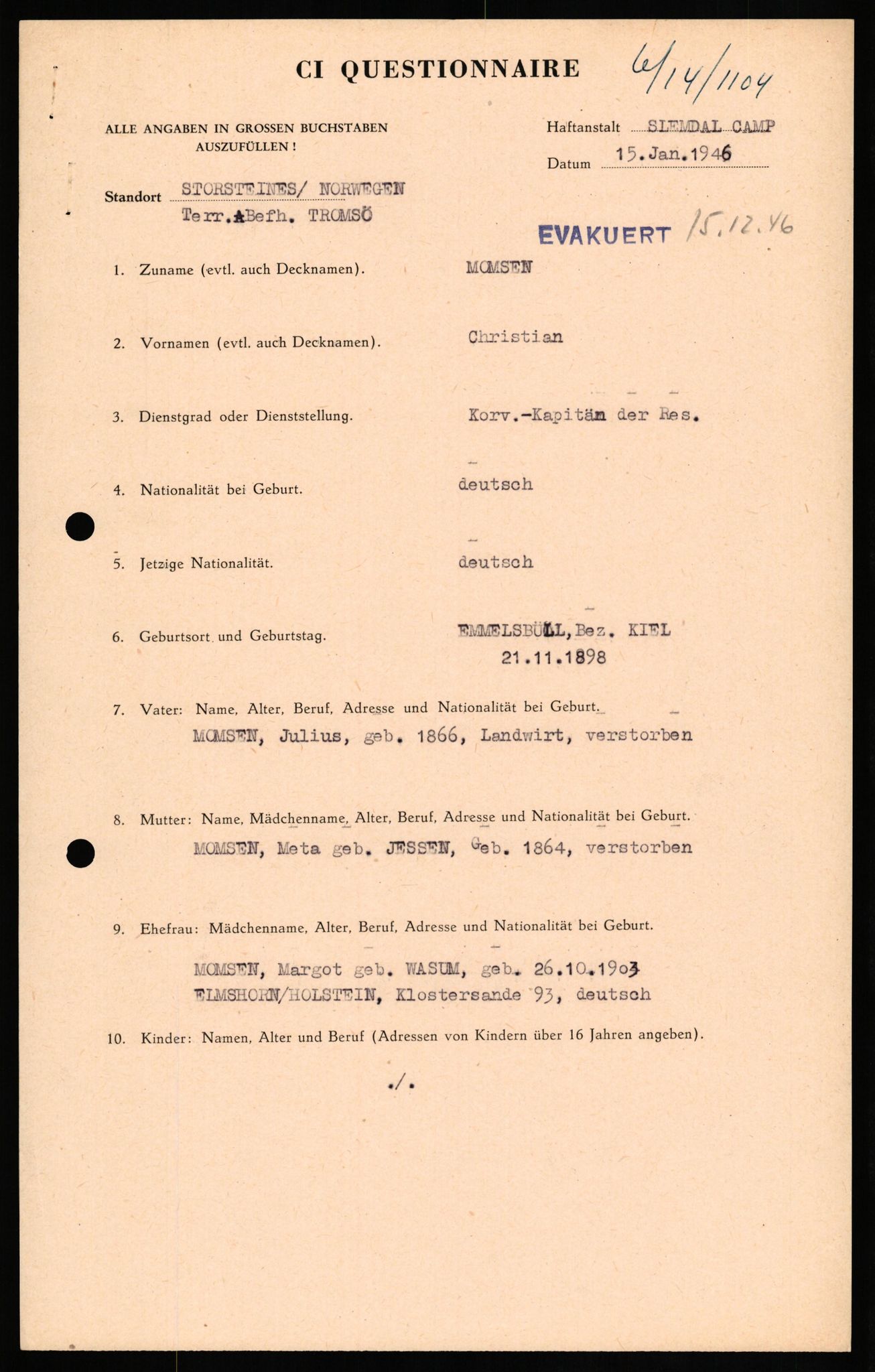 Forsvaret, Forsvarets overkommando II, RA/RAFA-3915/D/Db/L0022: CI Questionaires. Tyske okkupasjonsstyrker i Norge. Tyskere., 1945-1946, p. 179