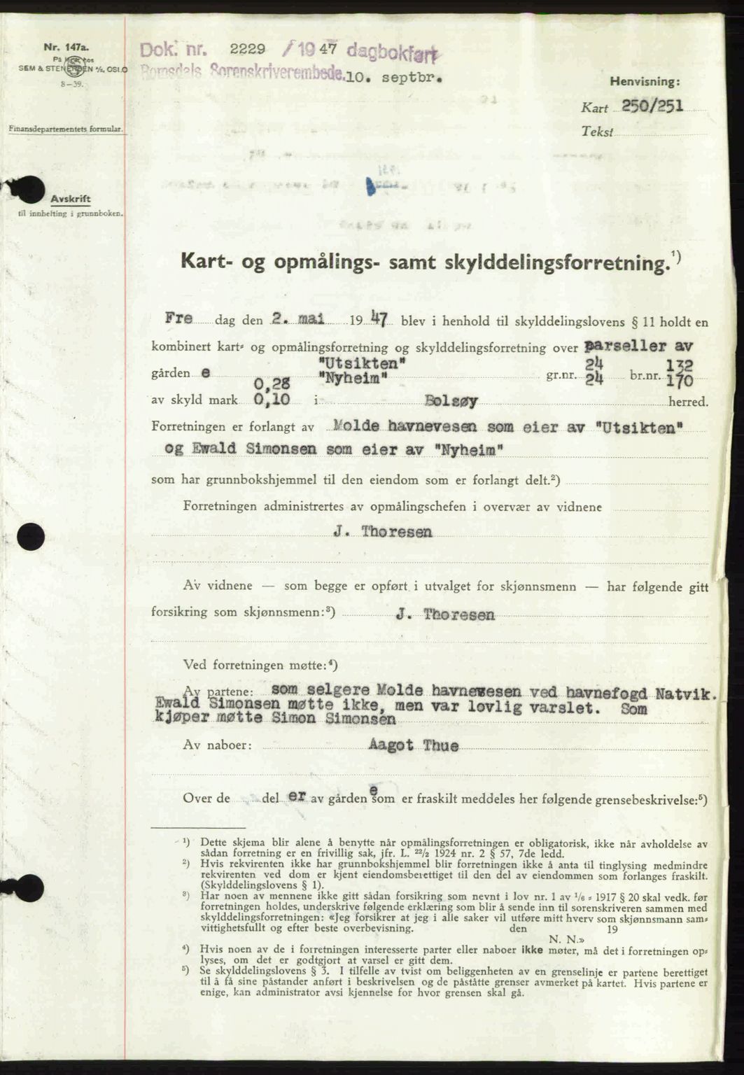 Romsdal sorenskriveri, SAT/A-4149/1/2/2C: Mortgage book no. A24, 1947-1947, Diary no: : 2229/1947