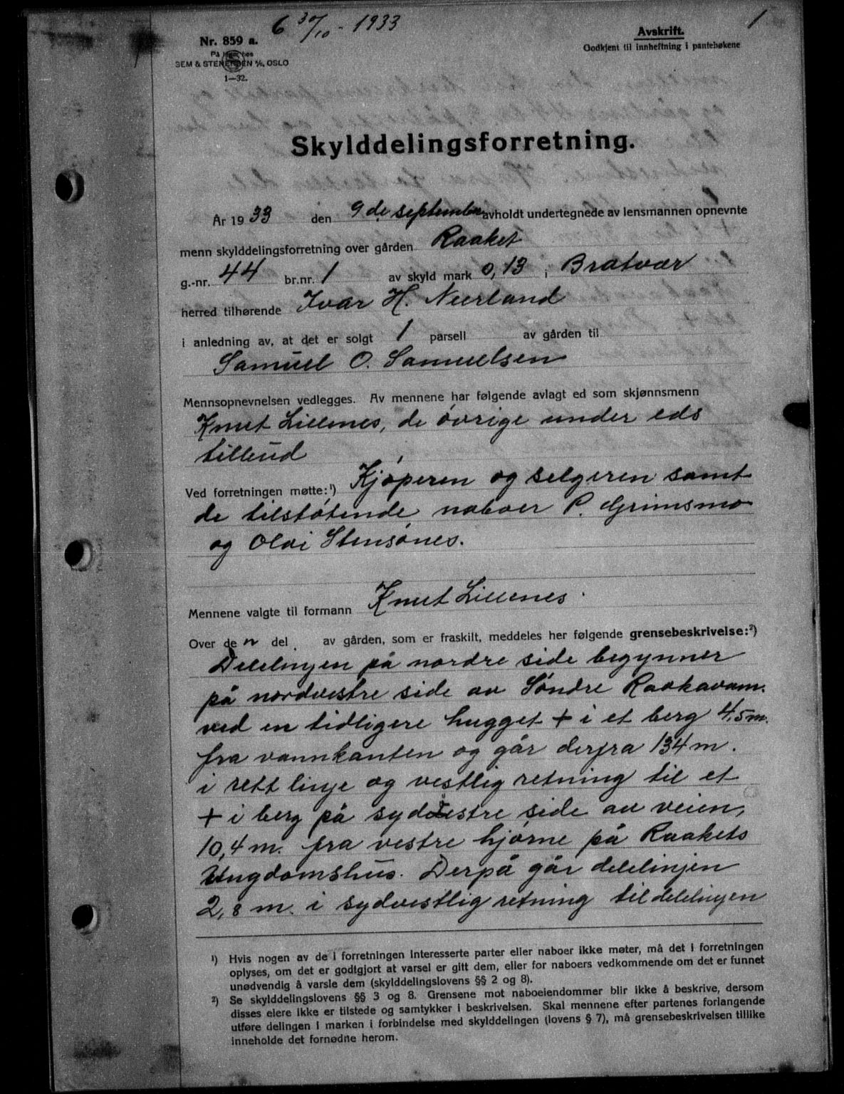 Nordmøre sorenskriveri, AV/SAT-A-4132/1/2/2Ca/L0080: Mortgage book no. 70, 1933-1934, Deed date: 30.10.1933