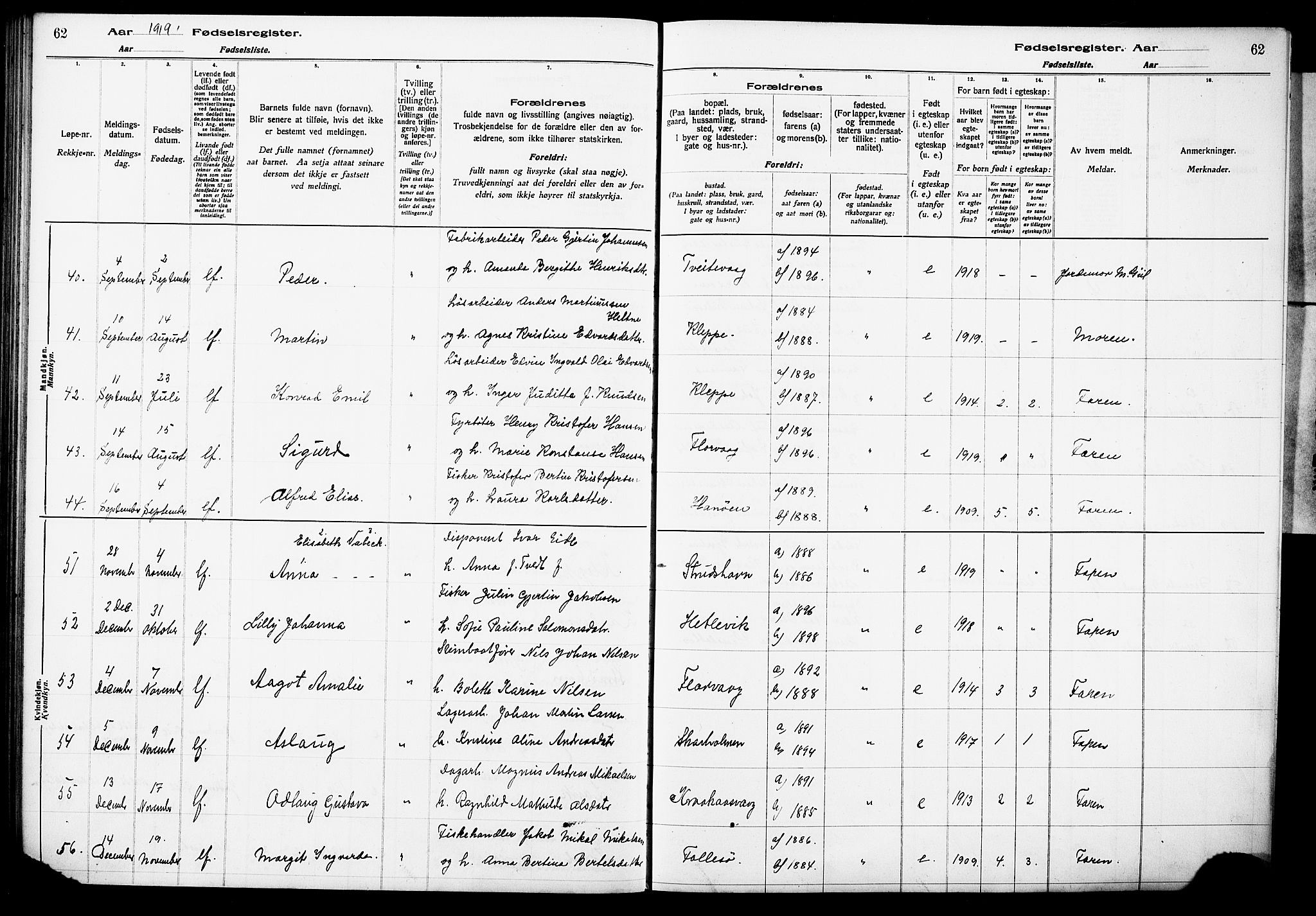 Askøy Sokneprestembete, AV/SAB-A-74101/I/Id/L00A1: Birth register no. A 1, 1916-1928, p. 62