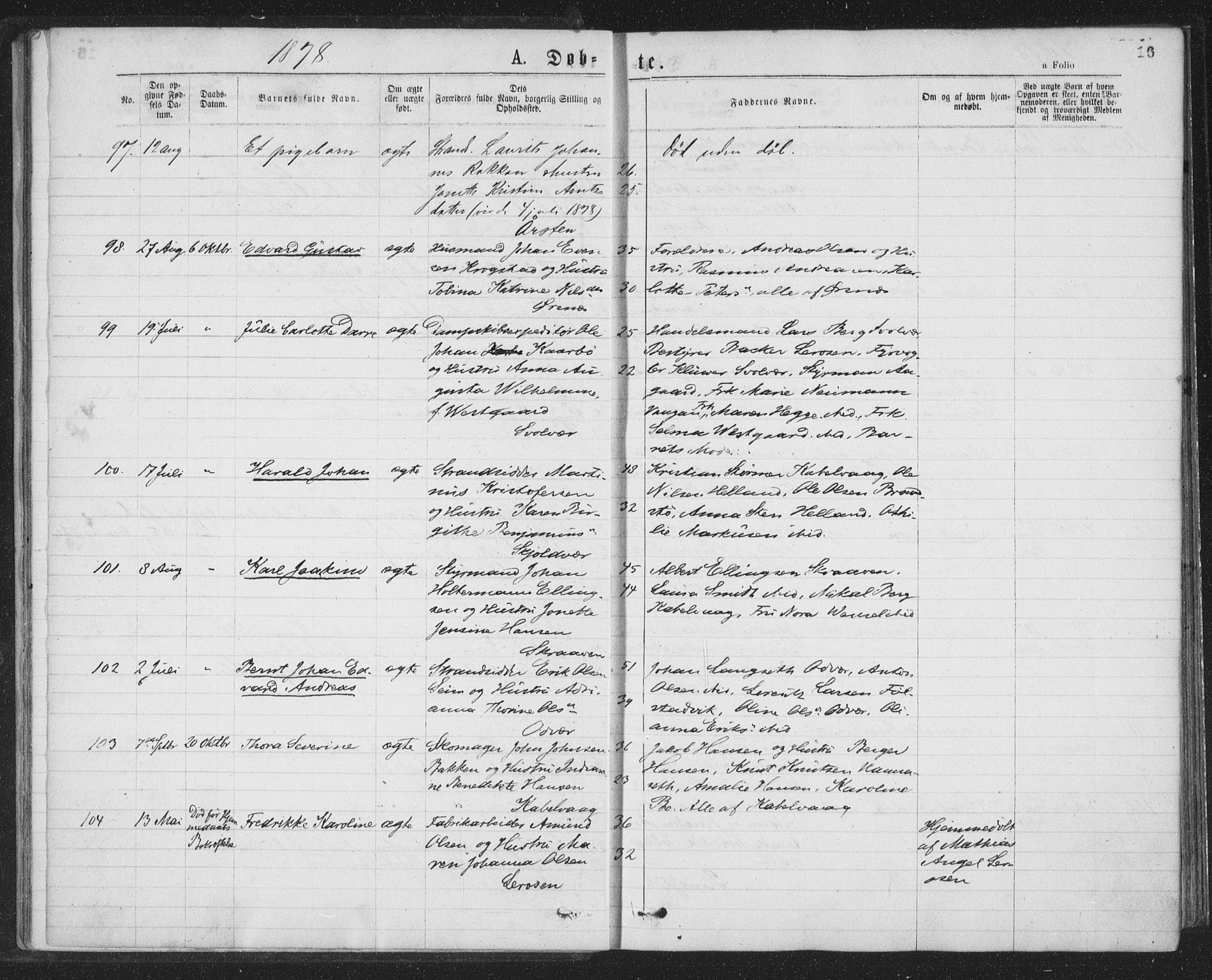 Ministerialprotokoller, klokkerbøker og fødselsregistre - Nordland, AV/SAT-A-1459/874/L1058: Parish register (official) no. 874A02, 1878-1883, p. 16