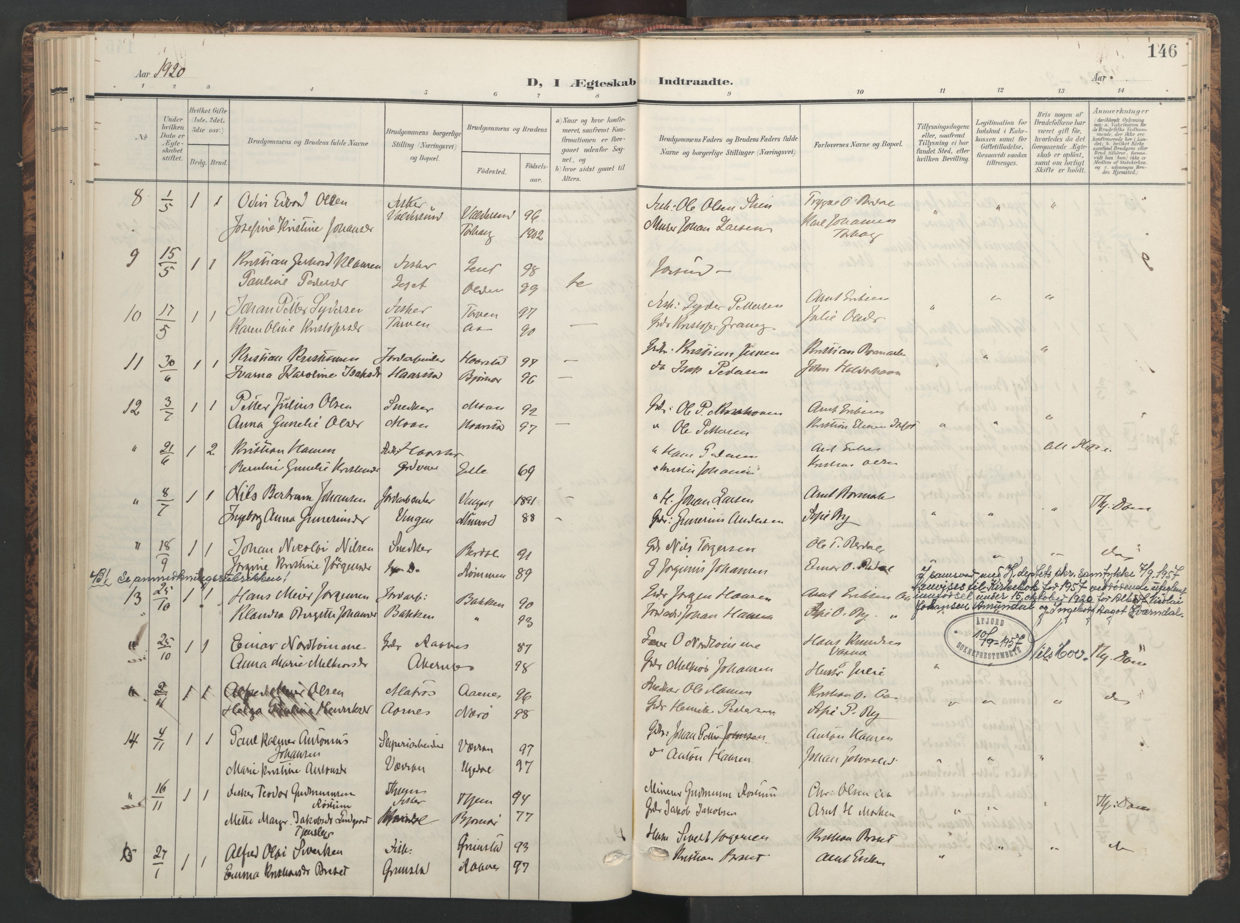 Ministerialprotokoller, klokkerbøker og fødselsregistre - Sør-Trøndelag, SAT/A-1456/655/L0682: Parish register (official) no. 655A11, 1908-1922, p. 146