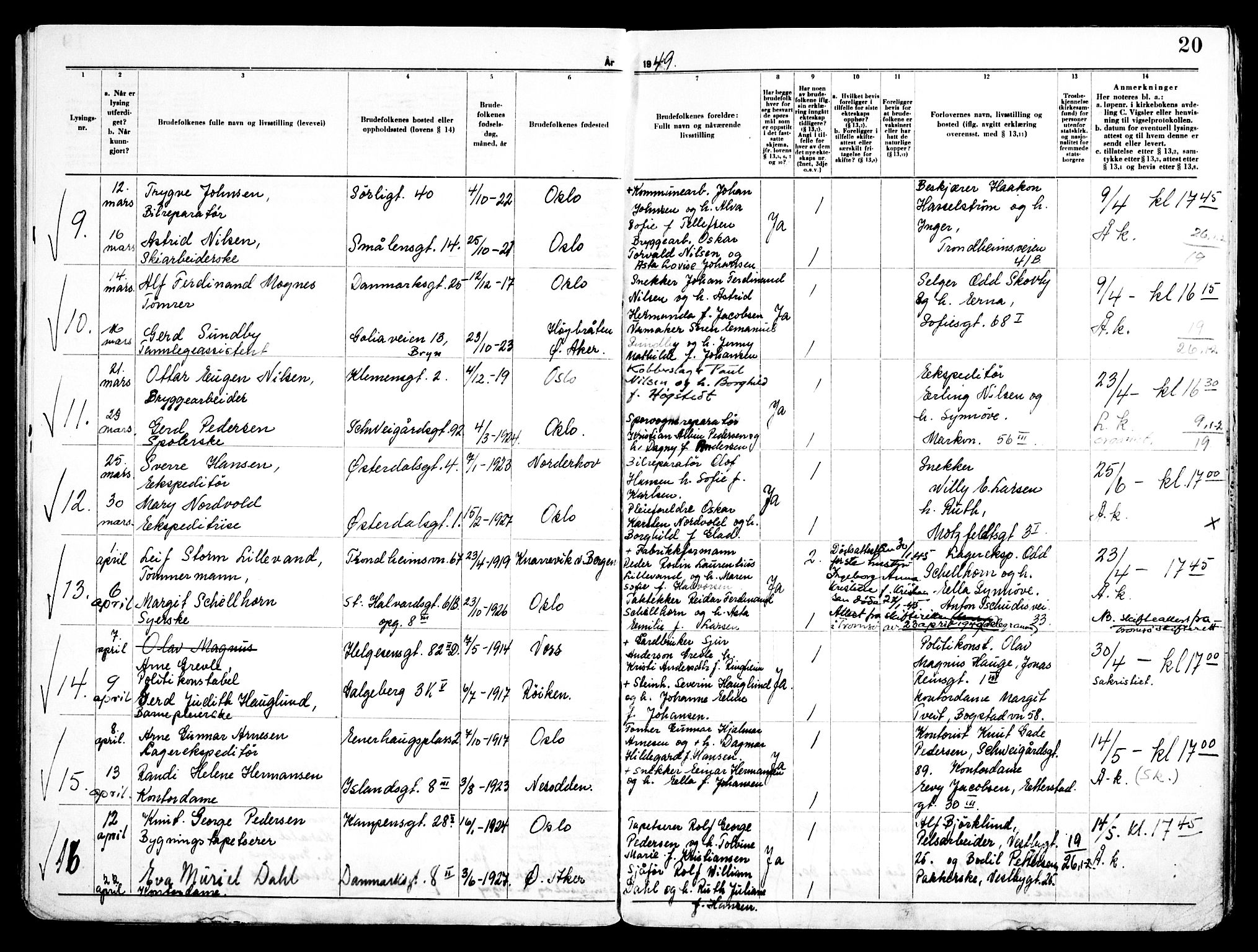 Vålerengen prestekontor Kirkebøker, AV/SAO-A-10878/H/Ha/L0005: Banns register no. 5, 1947-1959, p. 20