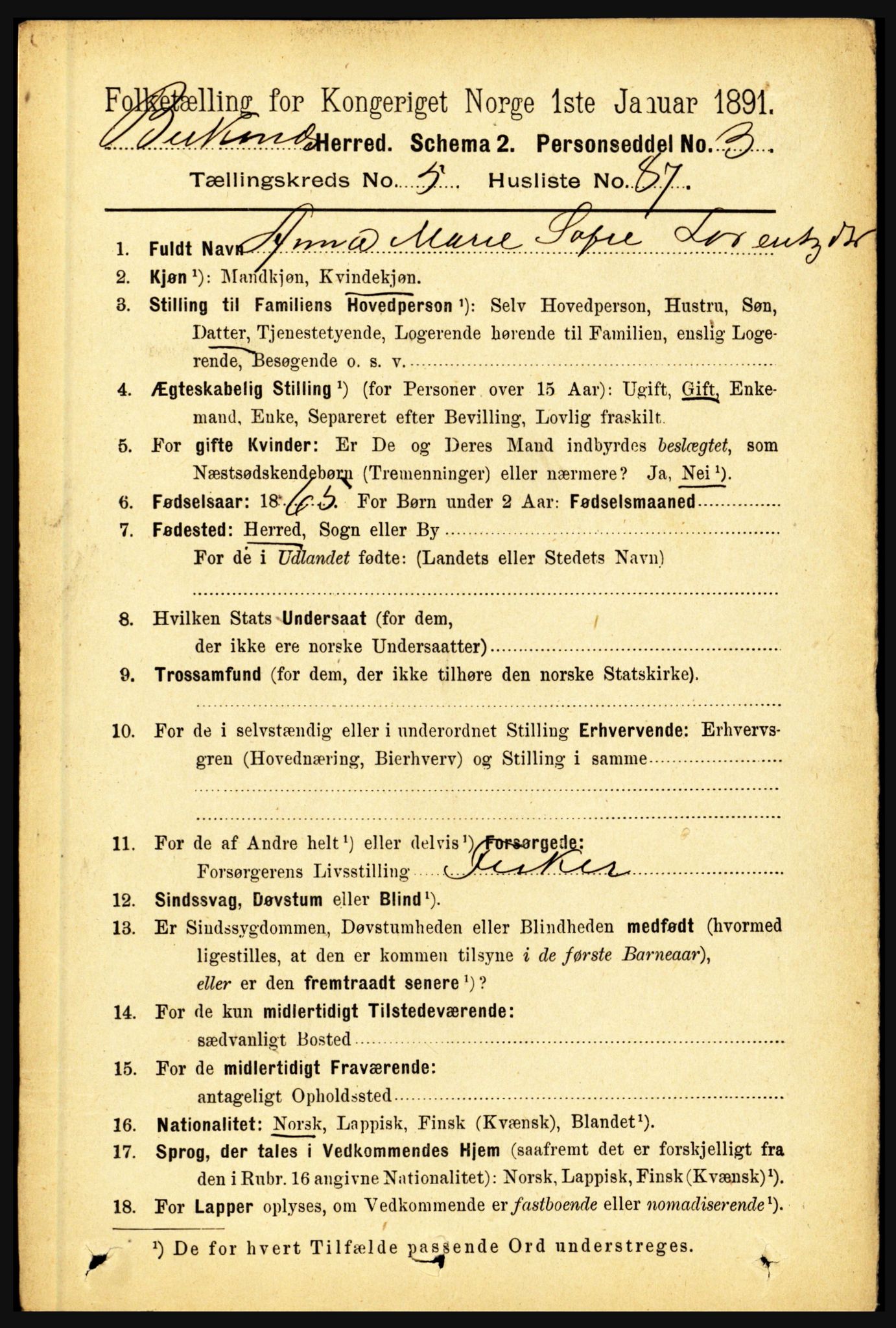 RA, 1891 census for 1860 Buksnes, 1891, p. 4459