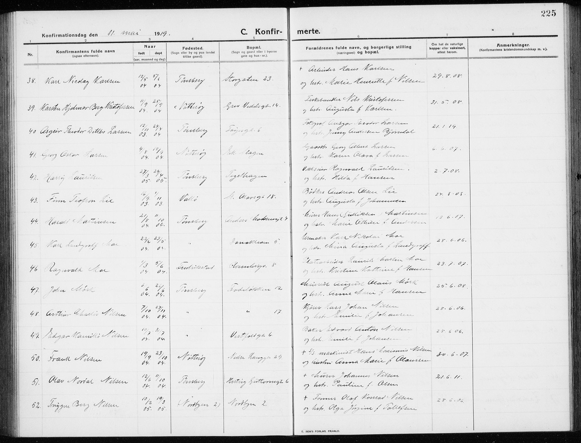 Tønsberg kirkebøker, AV/SAKO-A-330/G/Ga/L0009: Parish register (copy) no. 9, 1913-1920, p. 225